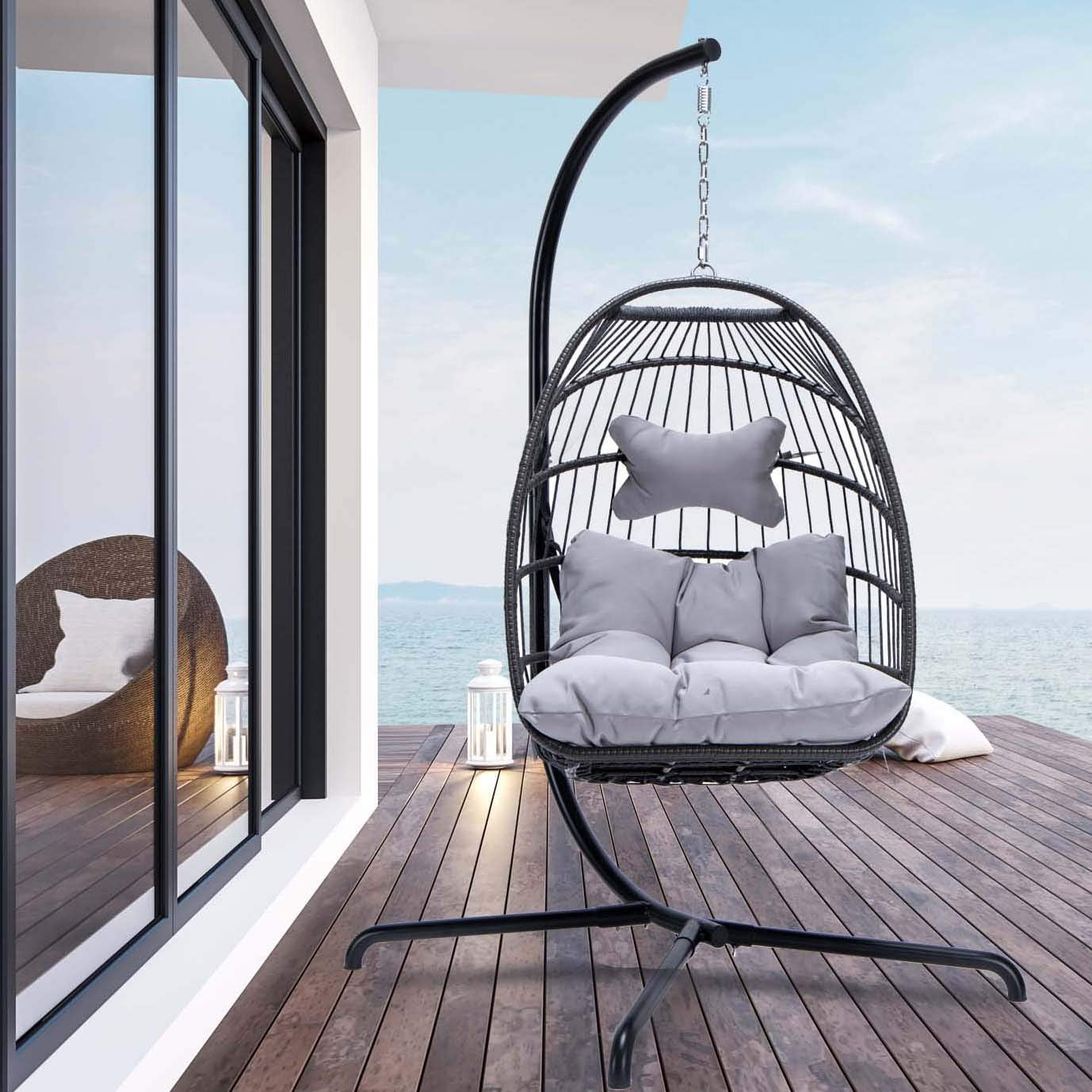 Swing Egg Chair Hanging Chair With Stand Grey Color 350 lbs Maximum Weight Foldable-Aldronix
