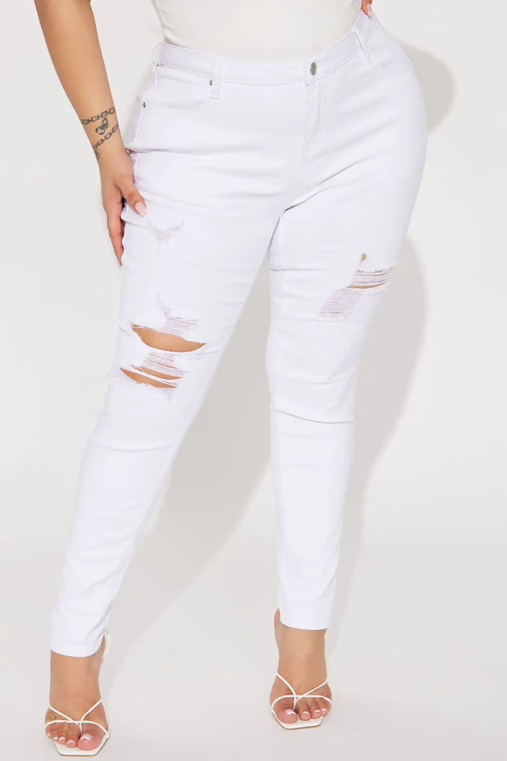 Raven Ripped  Mid Rise Stretch Skinny Jeans - White-Aldronix