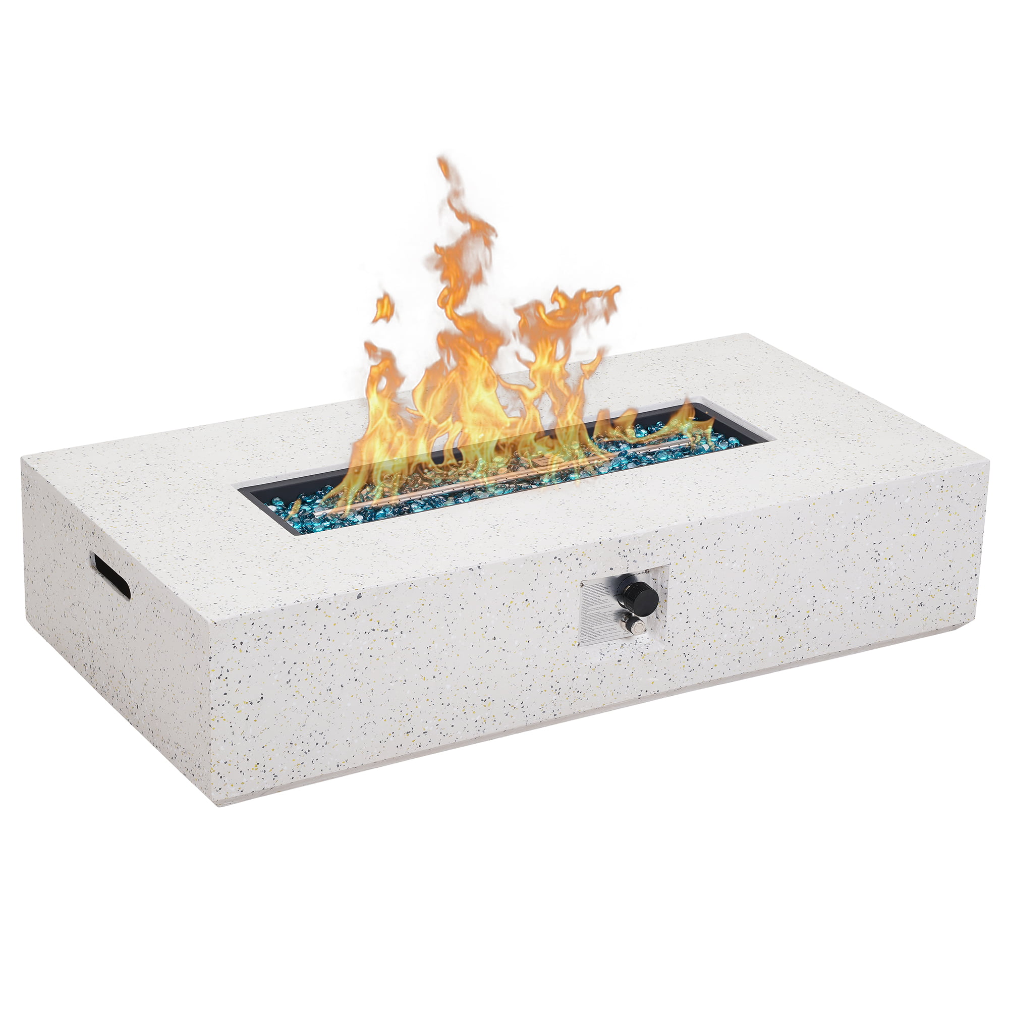 56 inch Concrete Propane Fire Pit Table, 50,000 BTU Outdoor Firepit Rectangular Table with Propane Tank Metal Stand, Fire Glass Beads and Waterproof Cover, White-Aldronix
