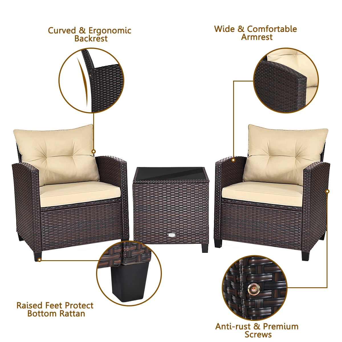 3 Pieces Wicker Cushioned Conversation Set Outdoor Rattan Furniture with Turquoise Cushions-Aldronix