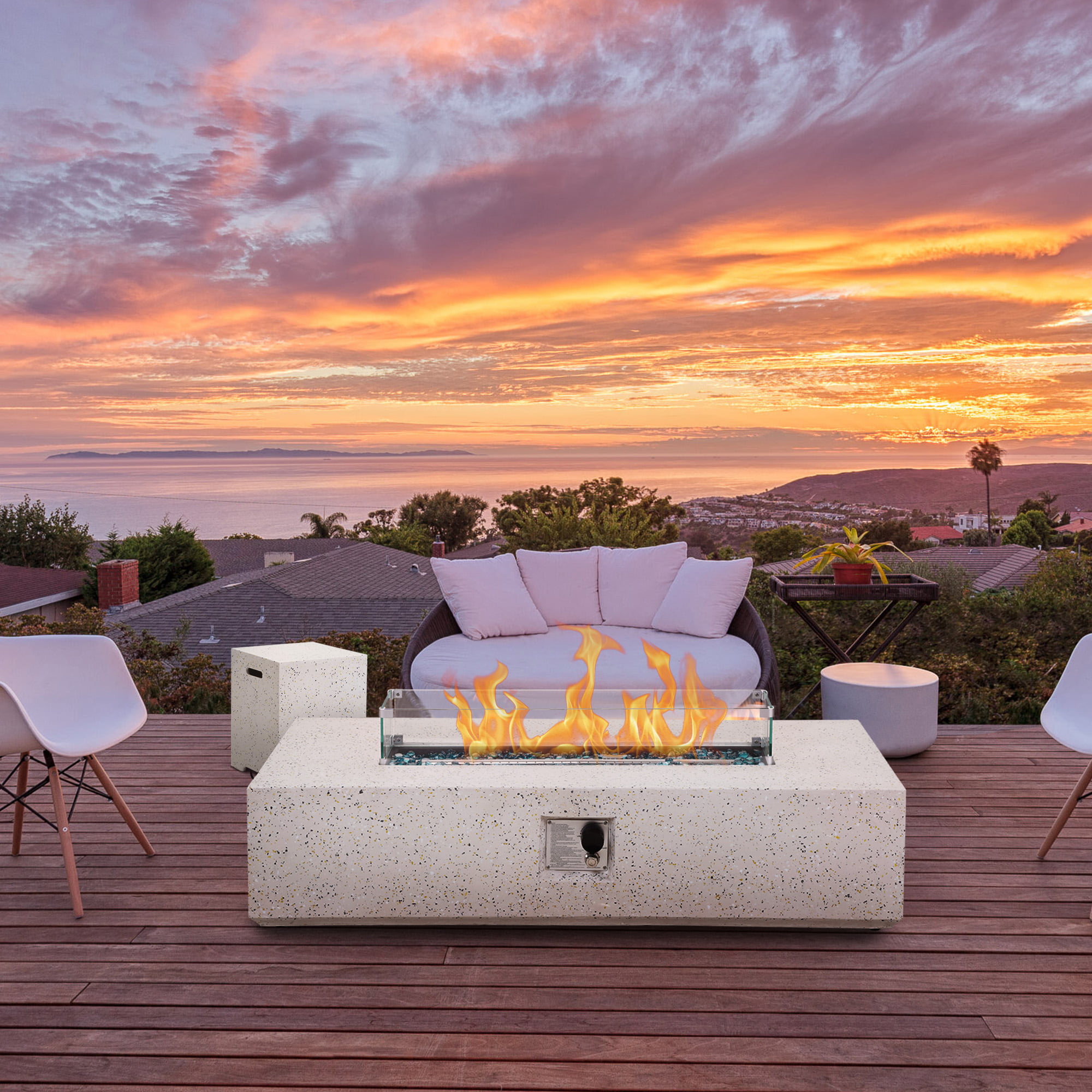 56 inch Concrete Propane Fire Pit Table, 50,000 BTU Outdoor Firepit Rectangular Table with Propane Tank Metal Stand, Fire Glass Beads and Waterproof Cover, White-Aldronix
