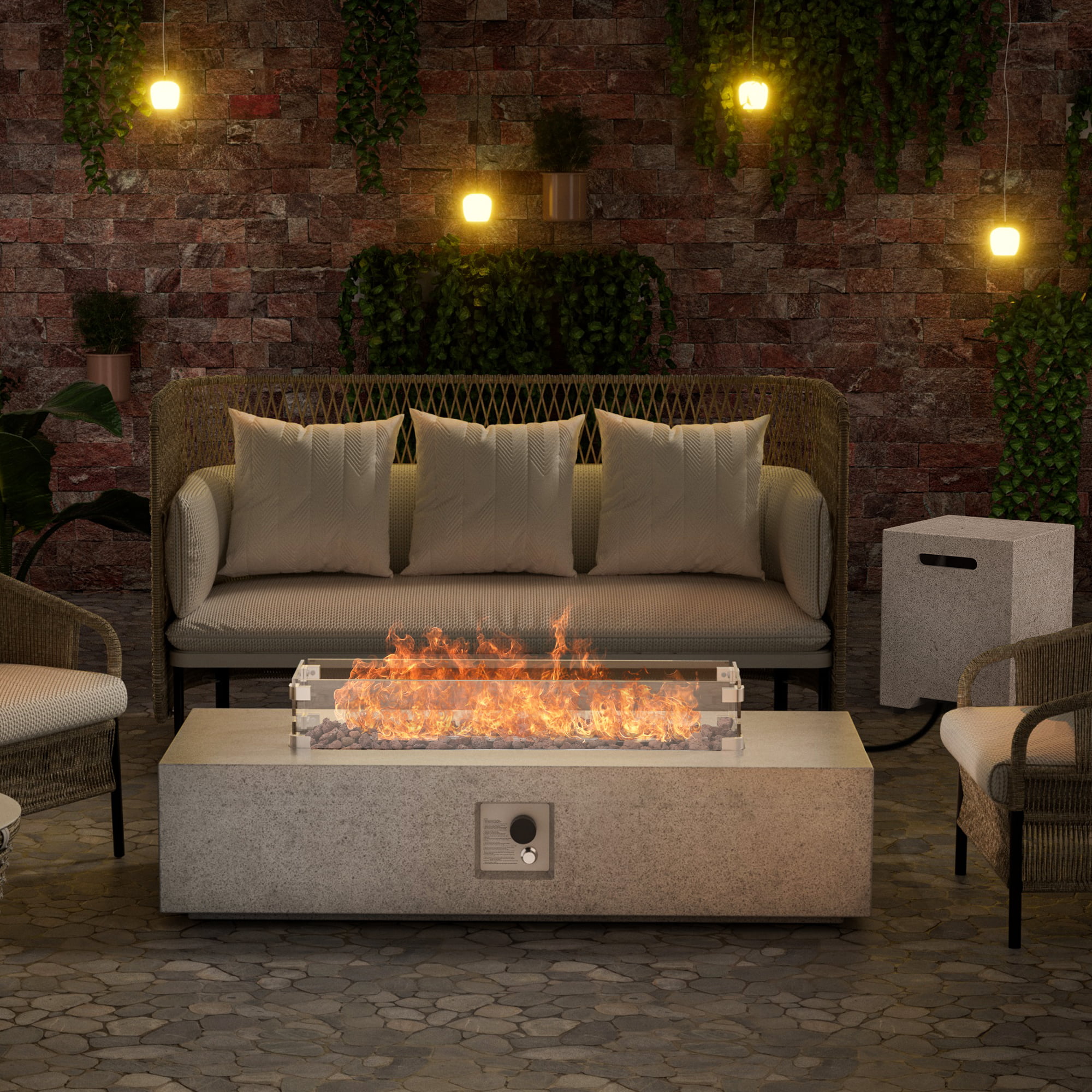 56 inch Concrete Propane Fire Pit Table, 50,000 BTU Outdoor Firepit Rectangular Table with Propane Tank Metal Stand, Fire Glass Beads and Waterproof Cover, White-Aldronix