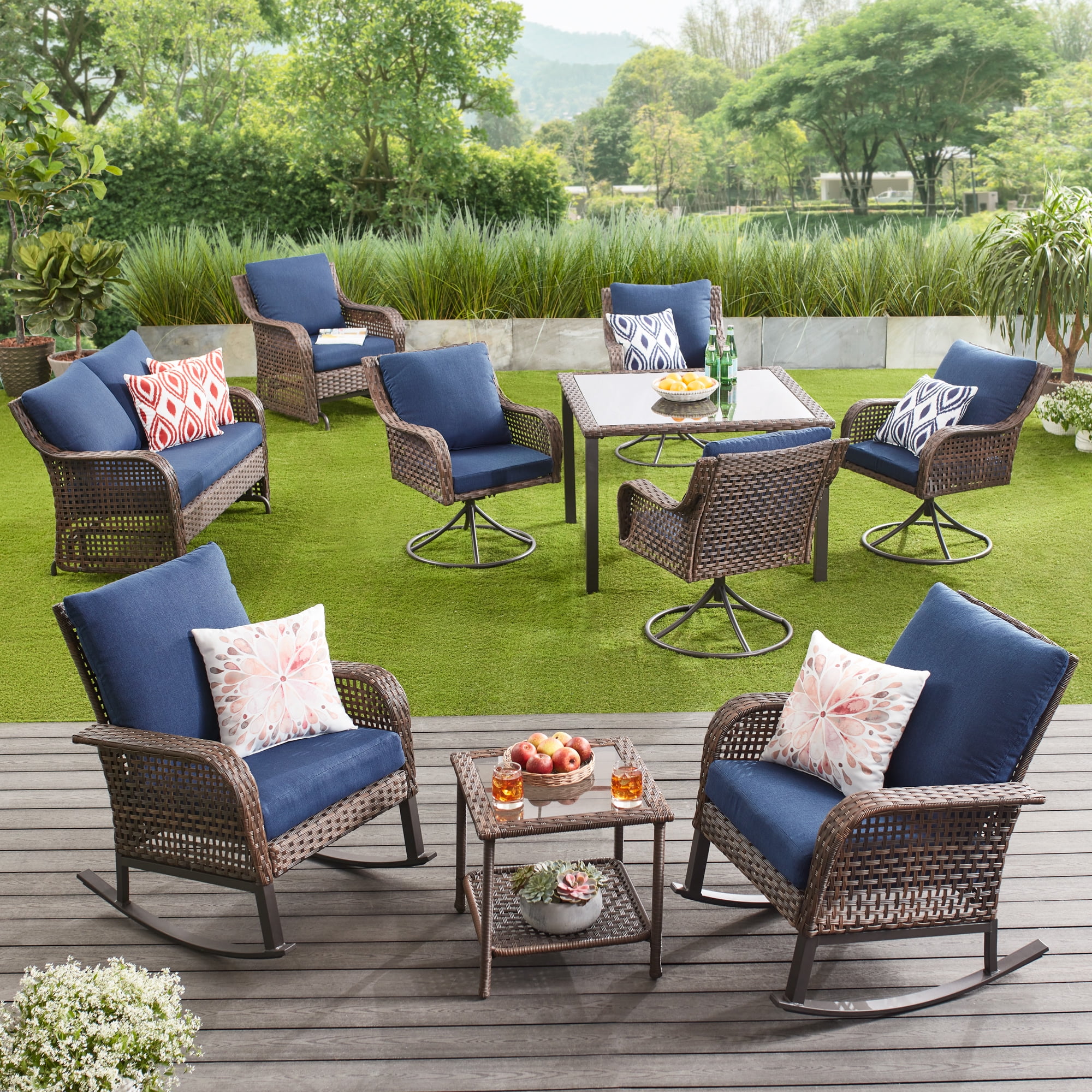 3-Piece Wicker Rocking Chair Outdoor Bistro Set, Blue-Aldronix