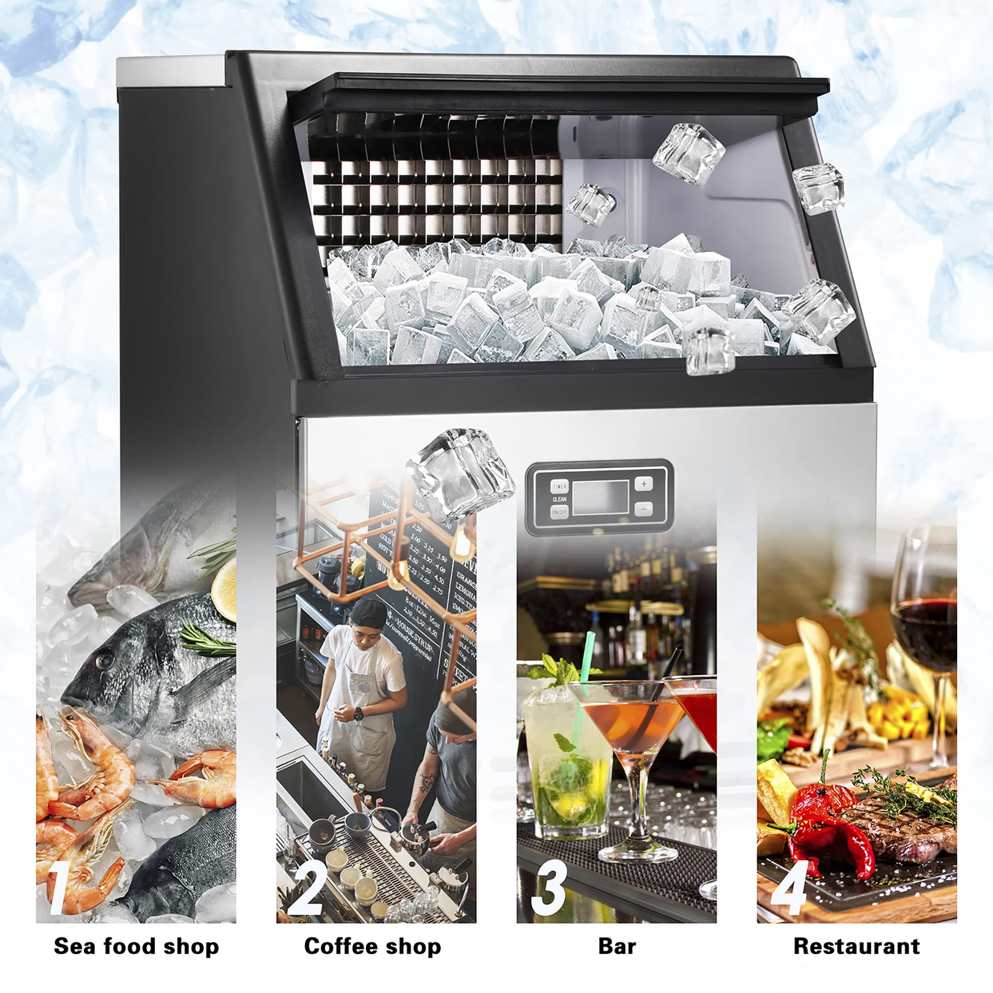 Ice Maker, Commercial Ice Machine,100Lbs/Day, Stainless Steel Ice Machine with 48 Lbs Capacity, Ideal for Restaurant, Bars, Home and Offices, Includes Scoop-Aldronix