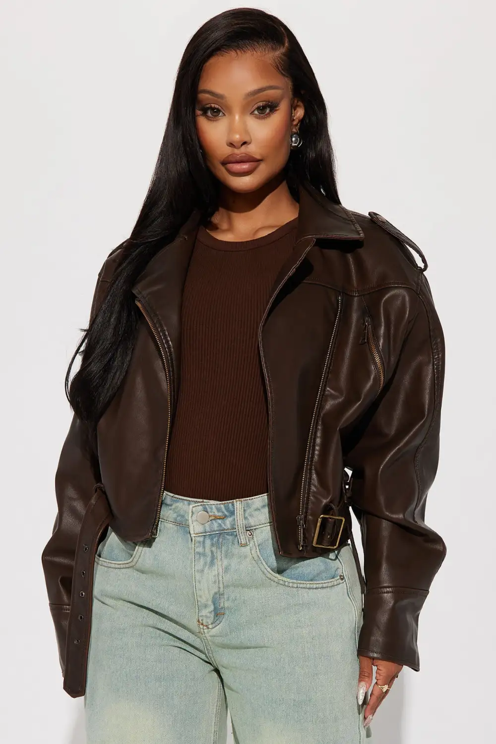 Check The Deets Faux Leather Moto Jacket - Brown-Aldronix