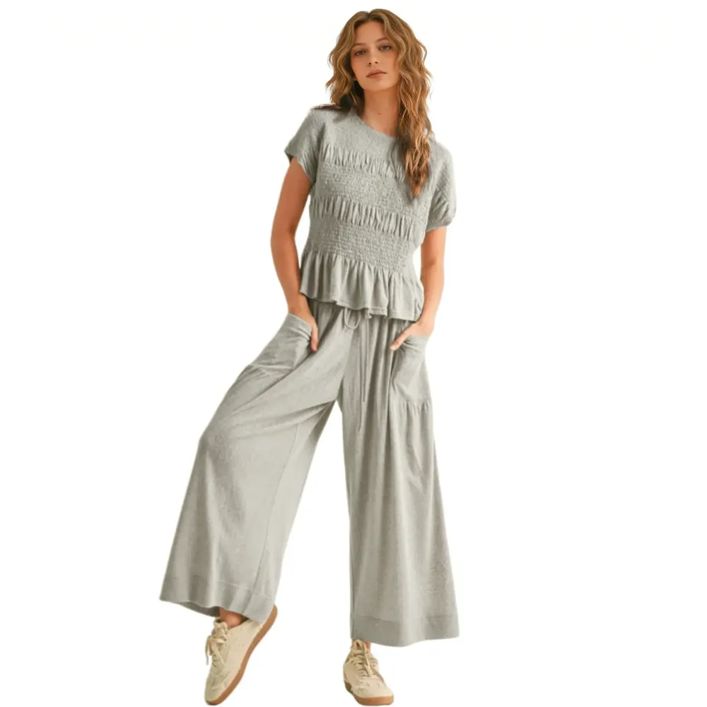Women’s 2-Piece Smocked Top & Wide-Leg Pants Set-Aldronix