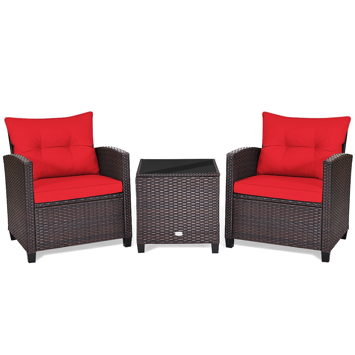 3 Pieces Wicker Cushioned Conversation Set Outdoor Rattan Furniture with Turquoise Cushions-Aldronix