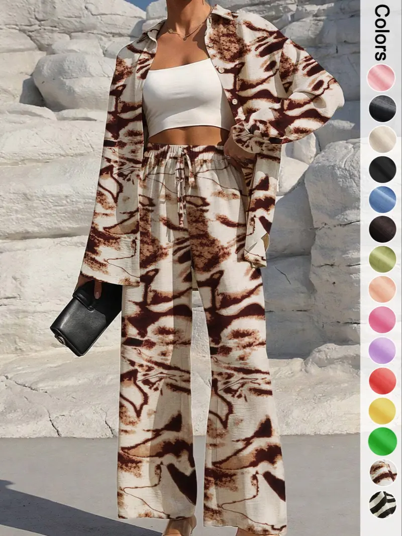 (SALE: 8 Sets➡️$54.99)Women's Solid Button Front Shirt & Tie Front Wide Leg Pants Two-piece Set-Aldronix