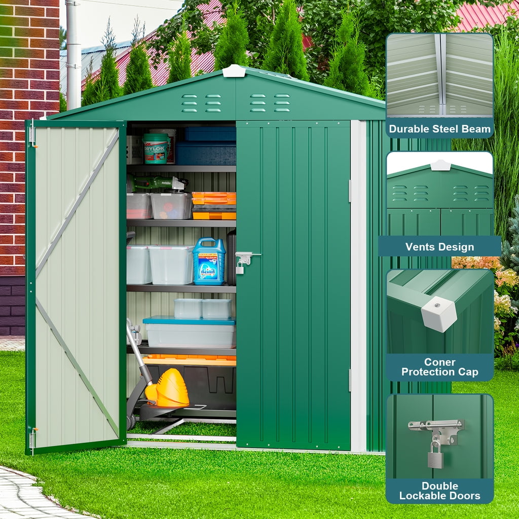 8 x 6 FT Outdoor Storage Shed on Clearance with Metal Base Frame and Double Lockable Doors for Garden, Patio - Gray-Aldronix