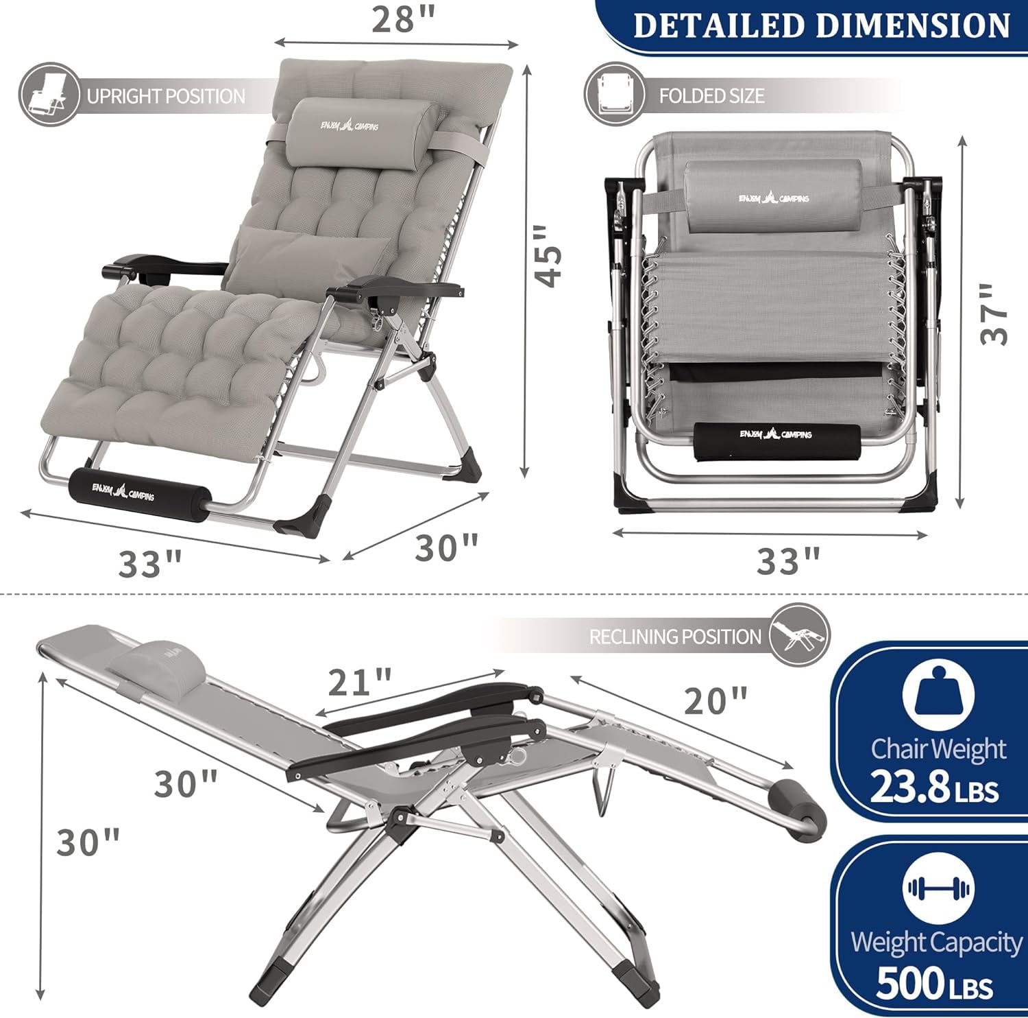 Oversized Zero Gravity Chair 33In XXL Patio Reclining Chair with Cushion, Outdoor Folding Adjustable Recliner with Cup Holder, Foot Rest & Padded Headrest, Support 500LB, Black-Aldronix