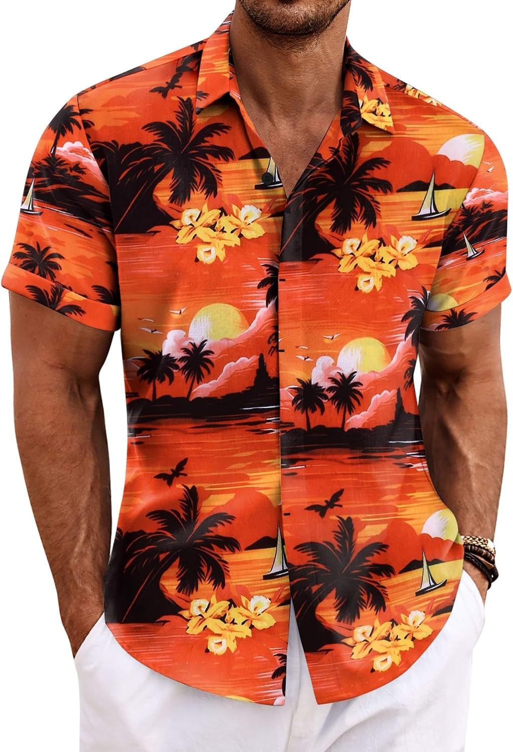 Men's Cotton Linen Short Sleeve Button Down Shirt