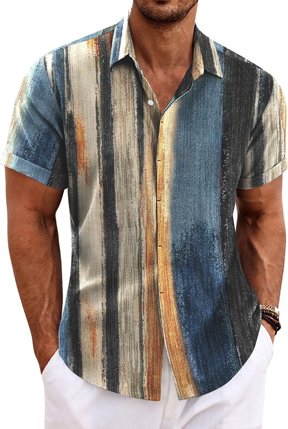 Men's Cotton Linen Short Sleeve Button Down Shirt