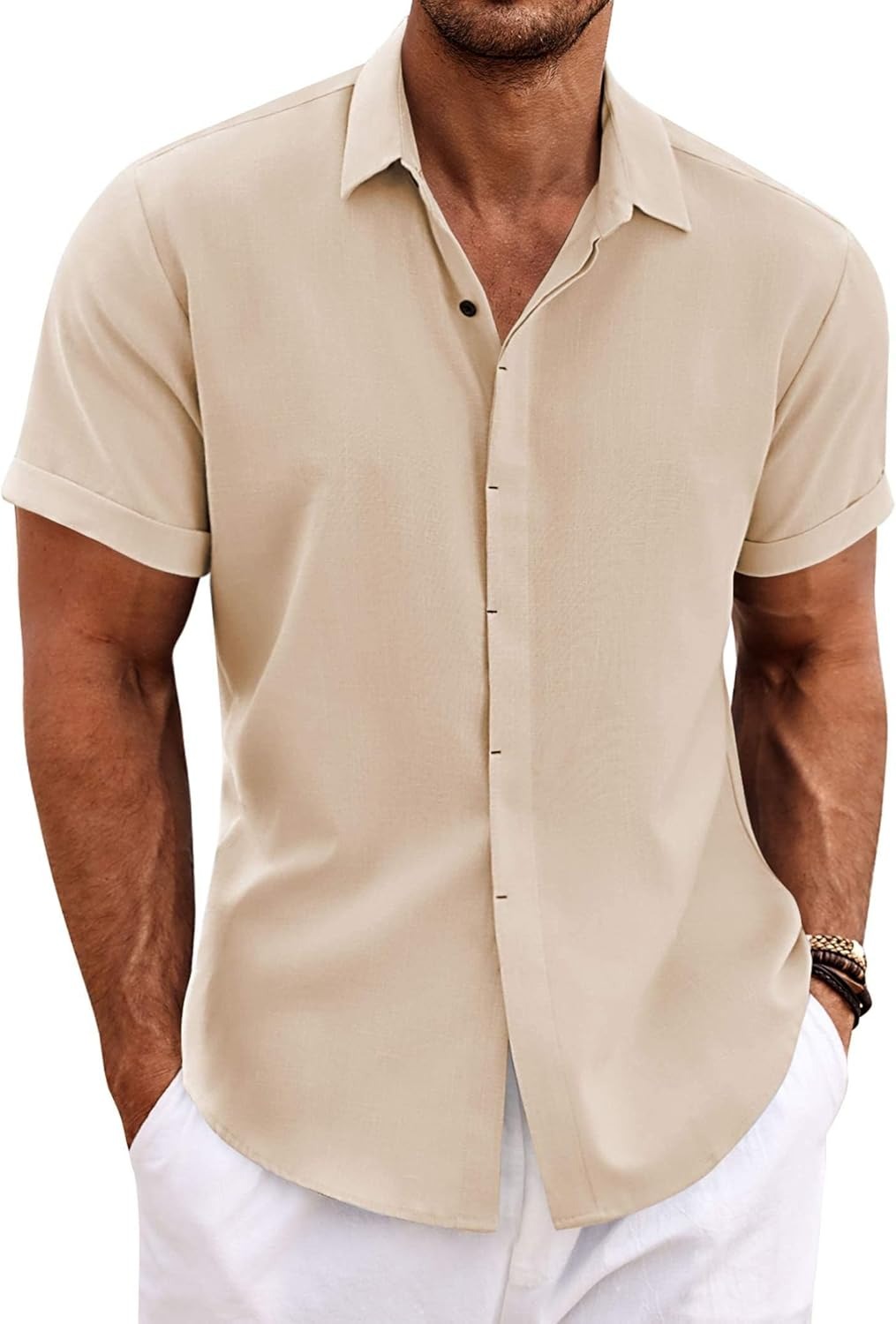 Men's Cotton Linen Short Sleeve Button Down Shirt