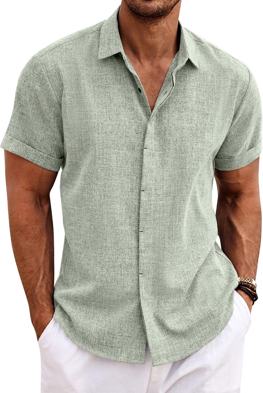 Men's Cotton Linen Short Sleeve Button Down Shirt
