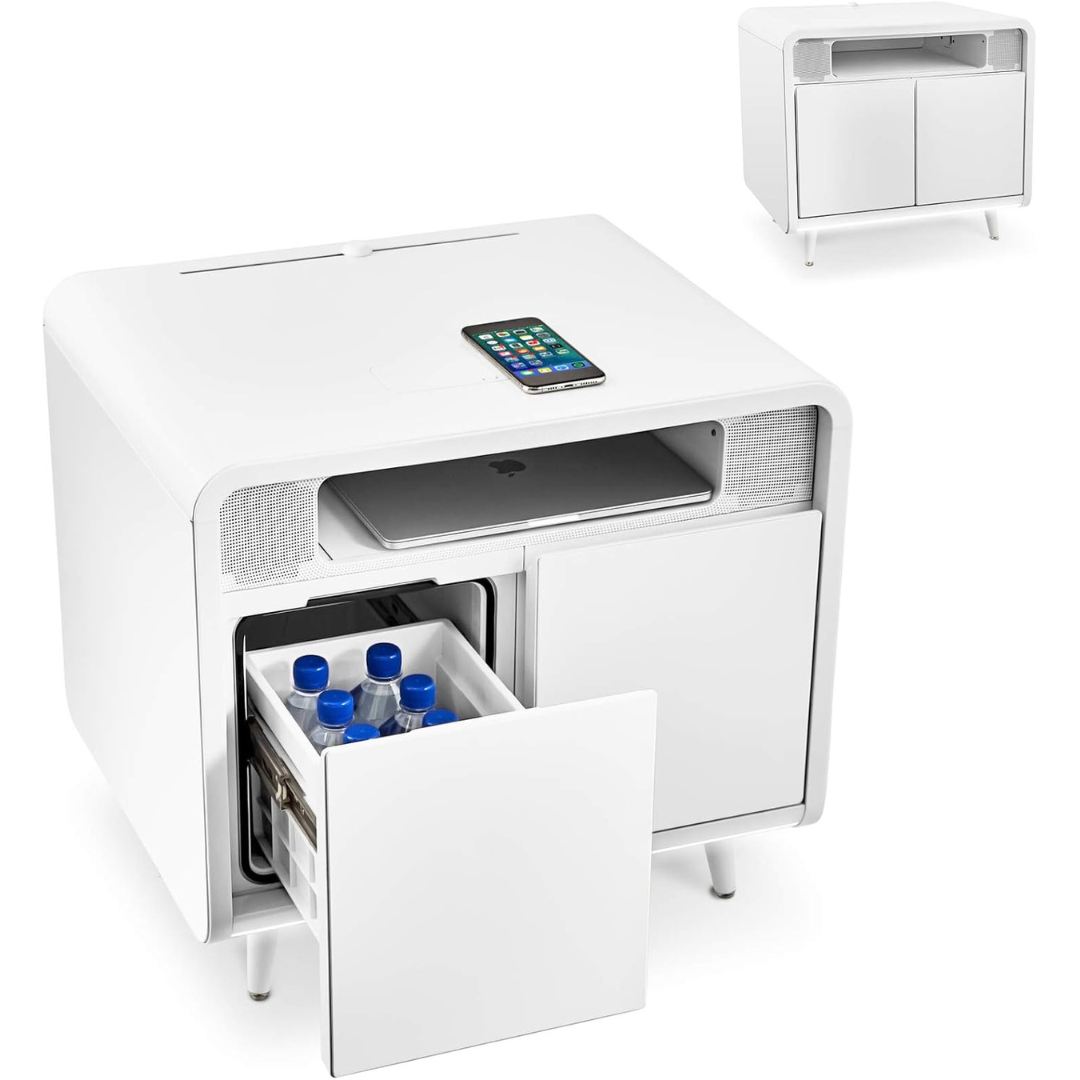Smart Side/Nightstand Table - with Cooling Drawer, Wireless Charging, Bluetooth Speakers, USB-C and 120V outlets, LED Light-Aldronix