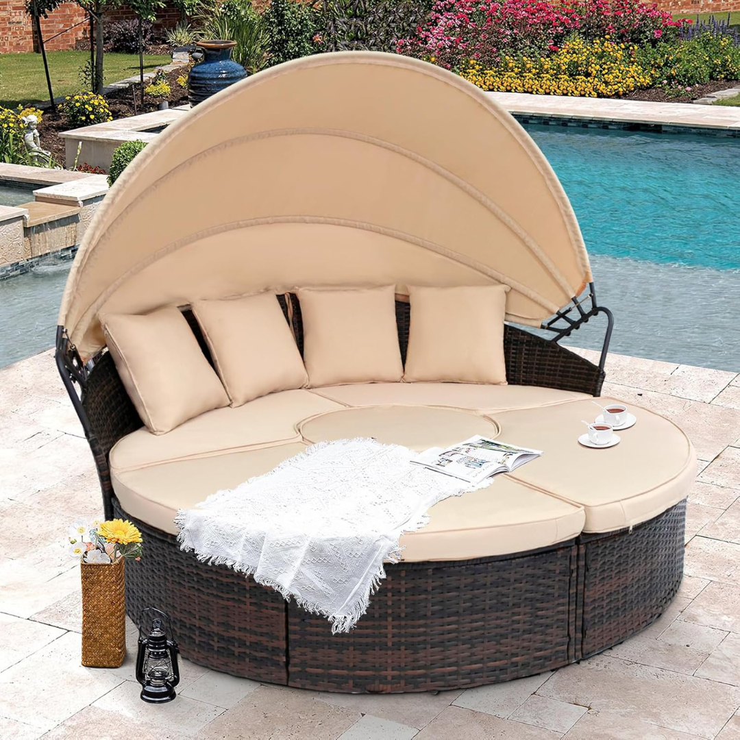 Backyard Porch Round Daybed  - Retractable Canopy-Aldronix