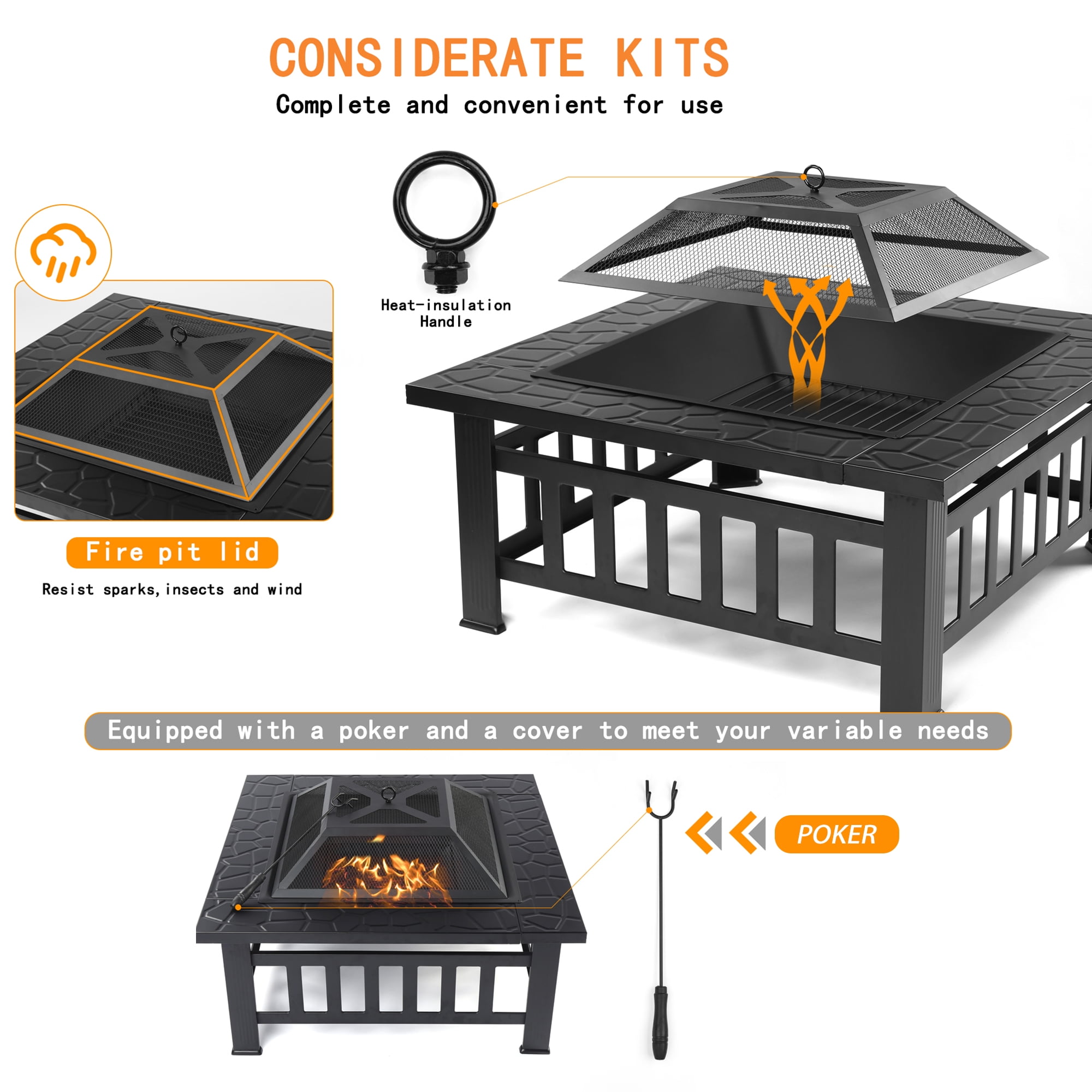 Outdoor Fire Pit, 32" Square Metal Fire Pit Table with Spark Screen & Log Poker, Stove Wood Burning Fire Pit Bowl, Ideal for Yard Patio Beach Picnic Bonfire-Aldronix