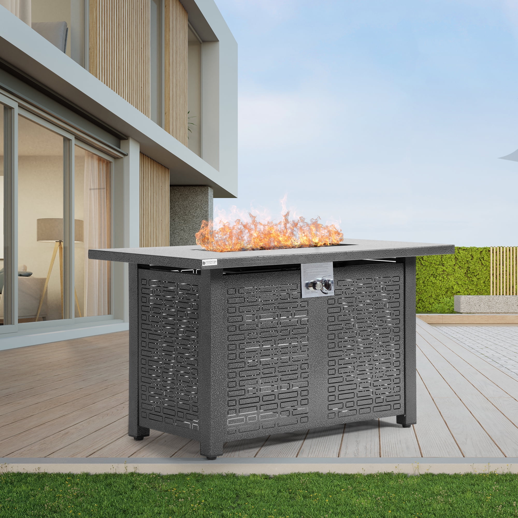 28" Propane Gas Fire Pit Table, 50000 BTU Steel Fire Table with Lid and Waterproof Cover, Black-Aldronix