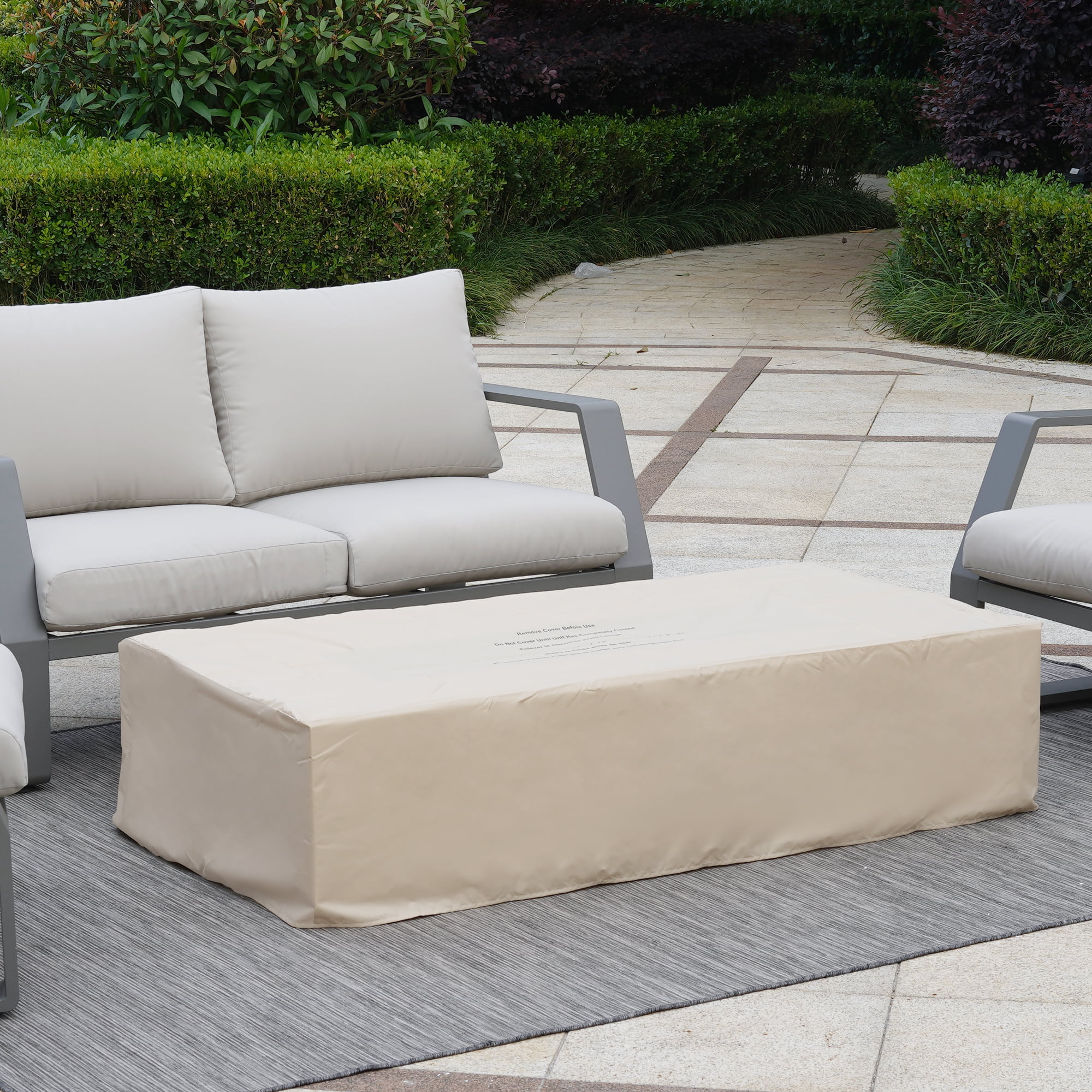 56 inch Concrete Propane Fire Pit Table, 50,000 BTU Outdoor Firepit Rectangular Table with Propane Tank Metal Stand, Fire Glass Beads and Waterproof Cover, White-Aldronix