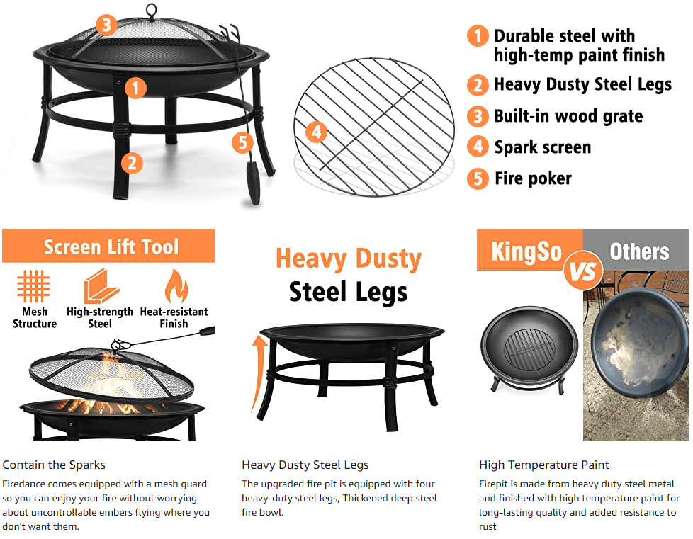 22 inch Wood Burning Fire Pit for Camping Picnic Bonfire Patio Outside Backyard Garden Small Bonfire Pit Steel Firepit Bowl with Spark Screen, Log Grate, Poker-Aldronix