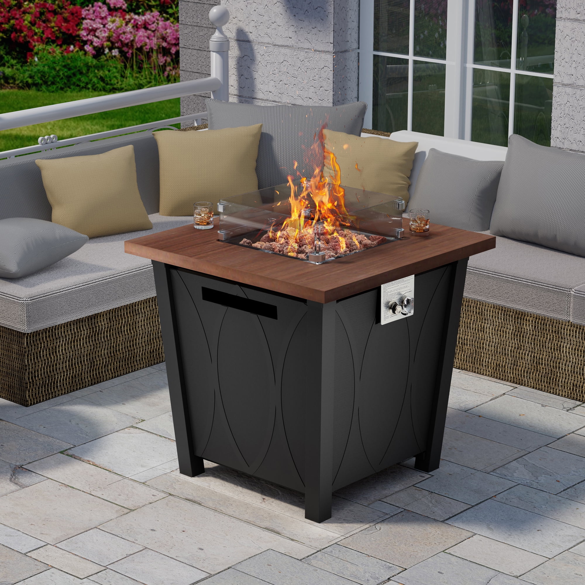 28" Propane Gas Fire Pit Table, 50000 BTU Steel Fire Table with Lid and Waterproof Cover, Black-Aldronix