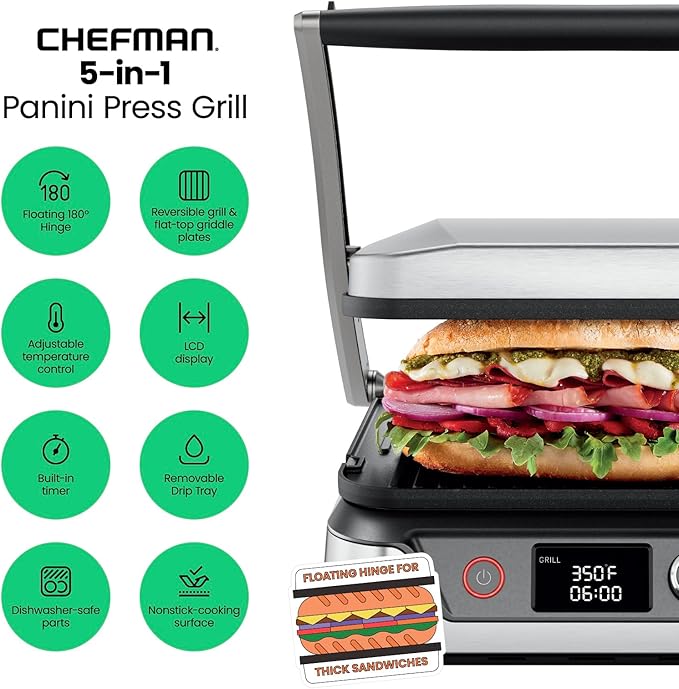 Prensa Panini Digital 5 en 1 con Grill y Plancha Reversible-Aldronix