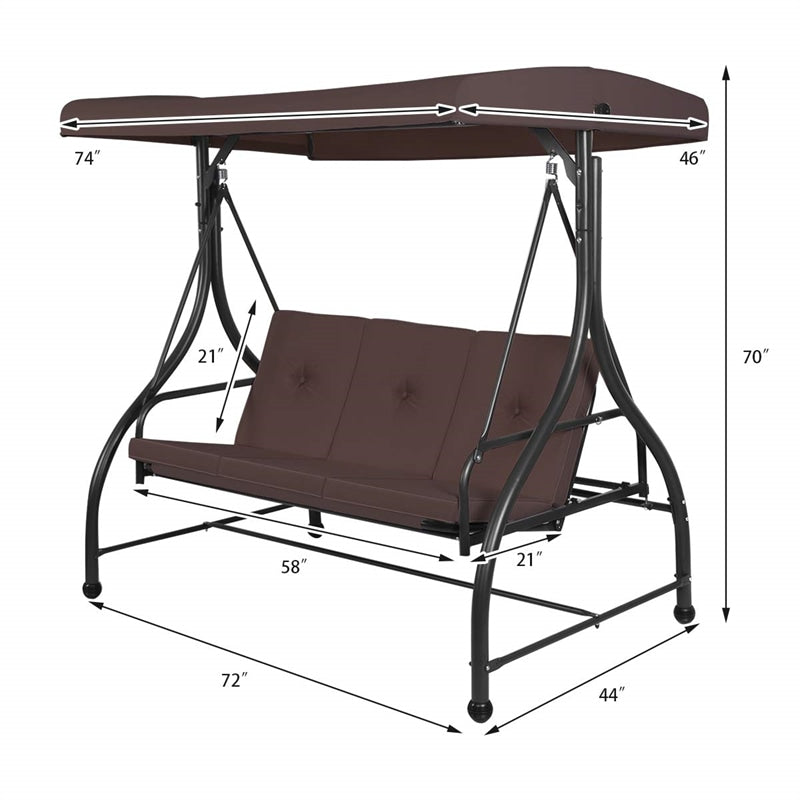 3 Seats Outdoor Patio Porch Swing Chair with Cushion Seat & Adjustable Tilt Canopy-Aldronix