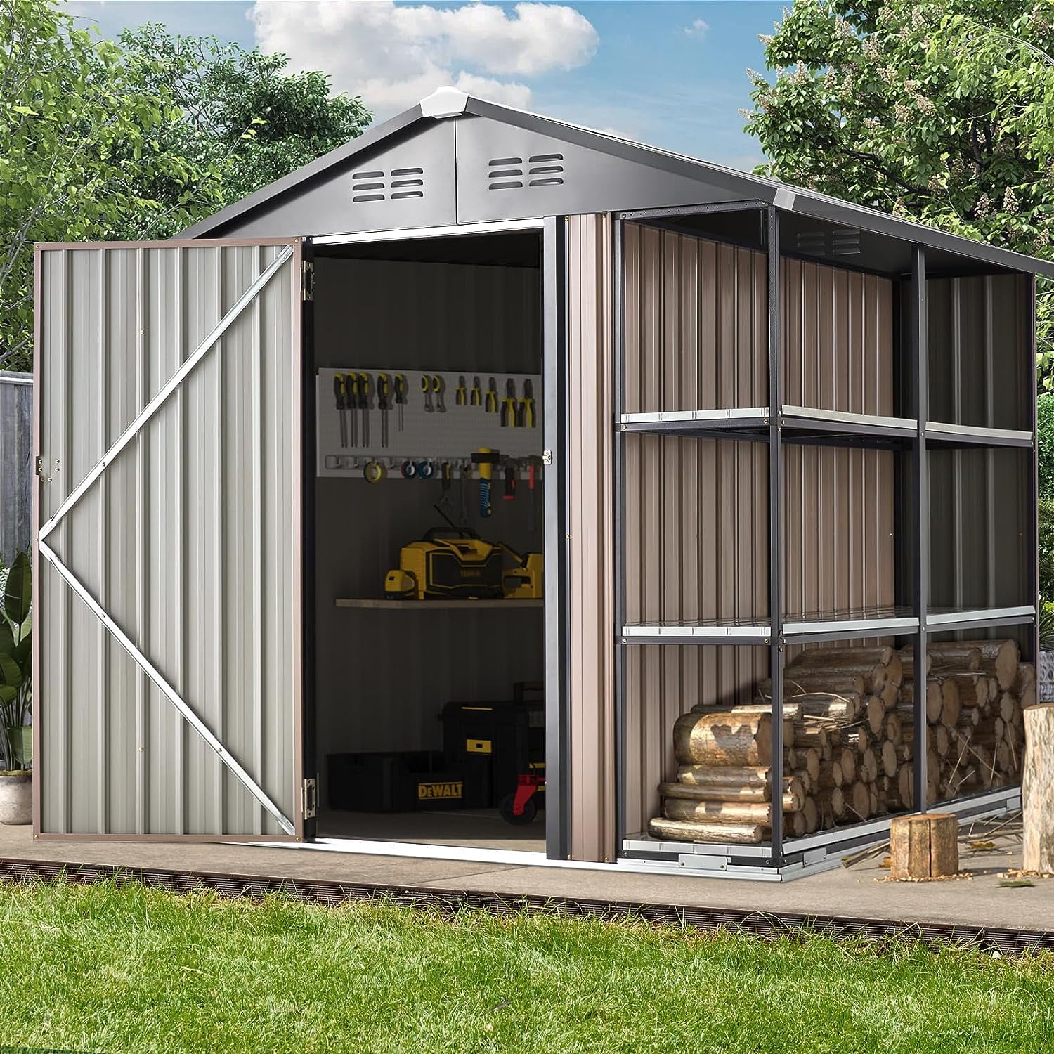 6' x 6' Outdoor Storage Shed with Rack & Shelves Metal Utility Tool Shed for Backyard & Garden-Aldronix