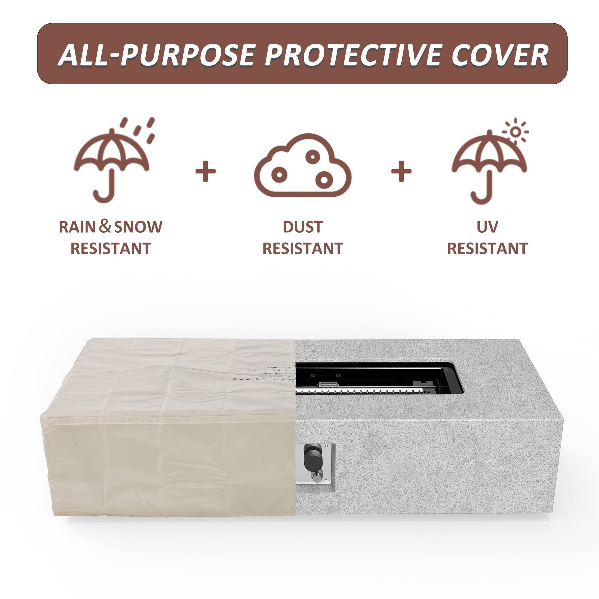 56 inch Concrete Propane Fire Pit Table, 50,000 BTU Outdoor Firepit Rectangular Table with Propane Tank Metal Stand, Fire Glass Beads and Waterproof Cover, White-Aldronix