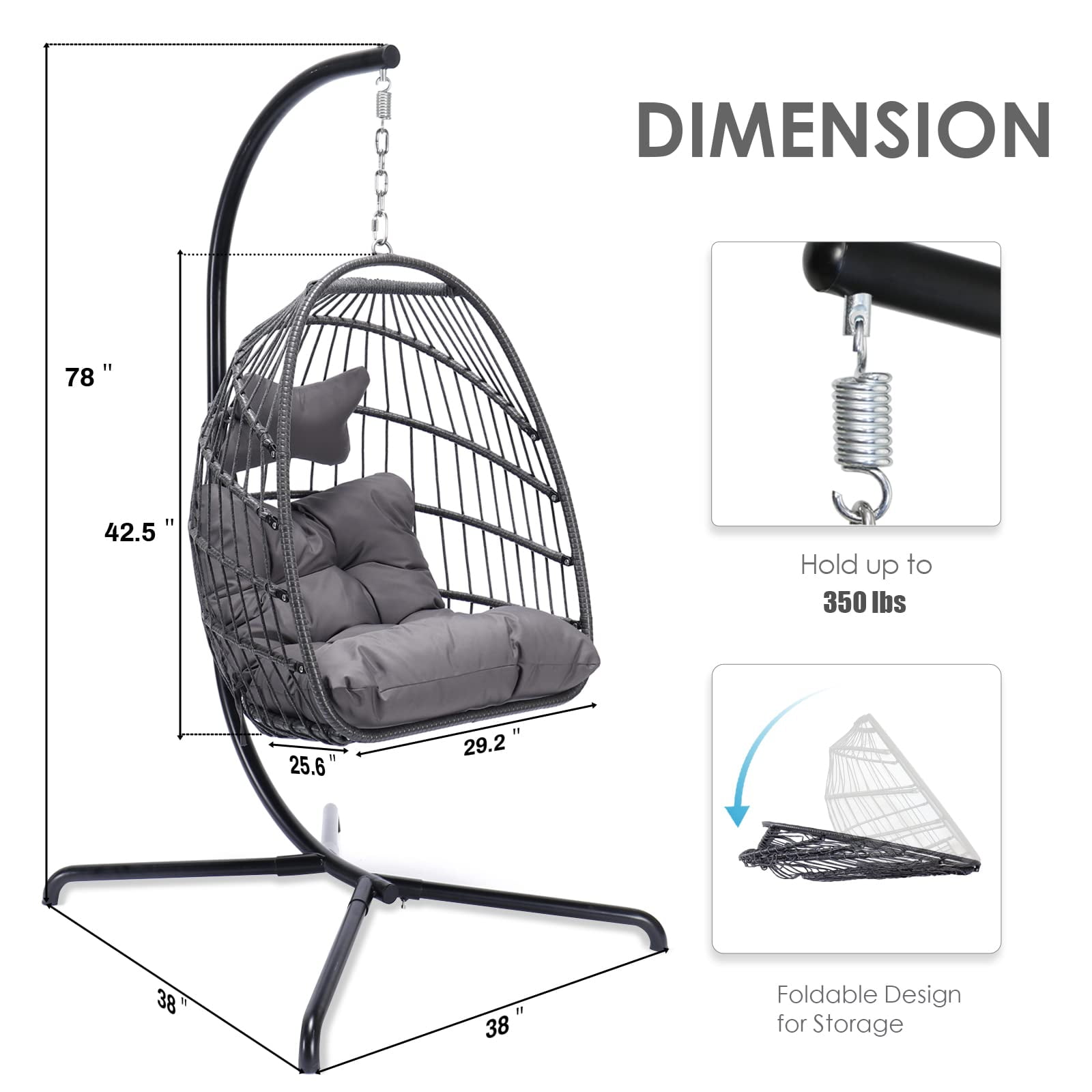 Swing Egg Chair Hanging Chair With Stand Grey Color 350 lbs Maximum Weight Foldable-Aldronix
