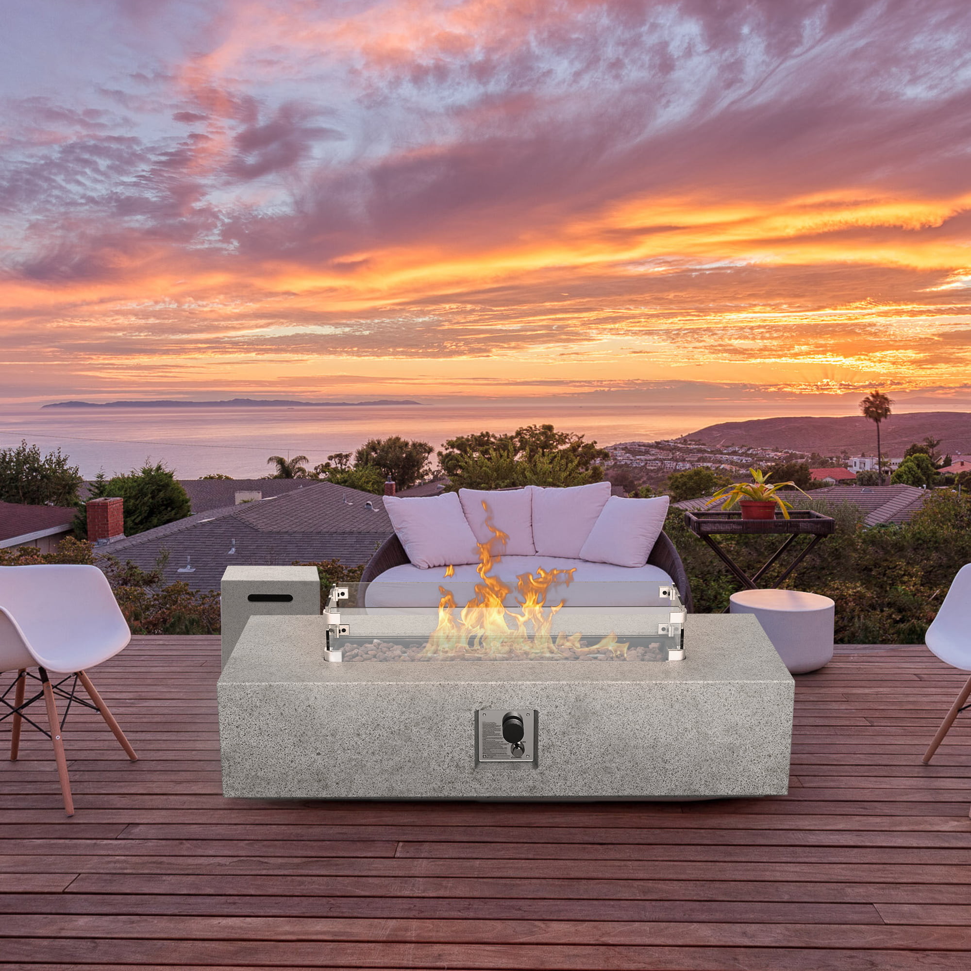 56 inch Concrete Propane Fire Pit Table, 50,000 BTU Outdoor Firepit Rectangular Table with Propane Tank Metal Stand, Fire Glass Beads and Waterproof Cover, White-Aldronix