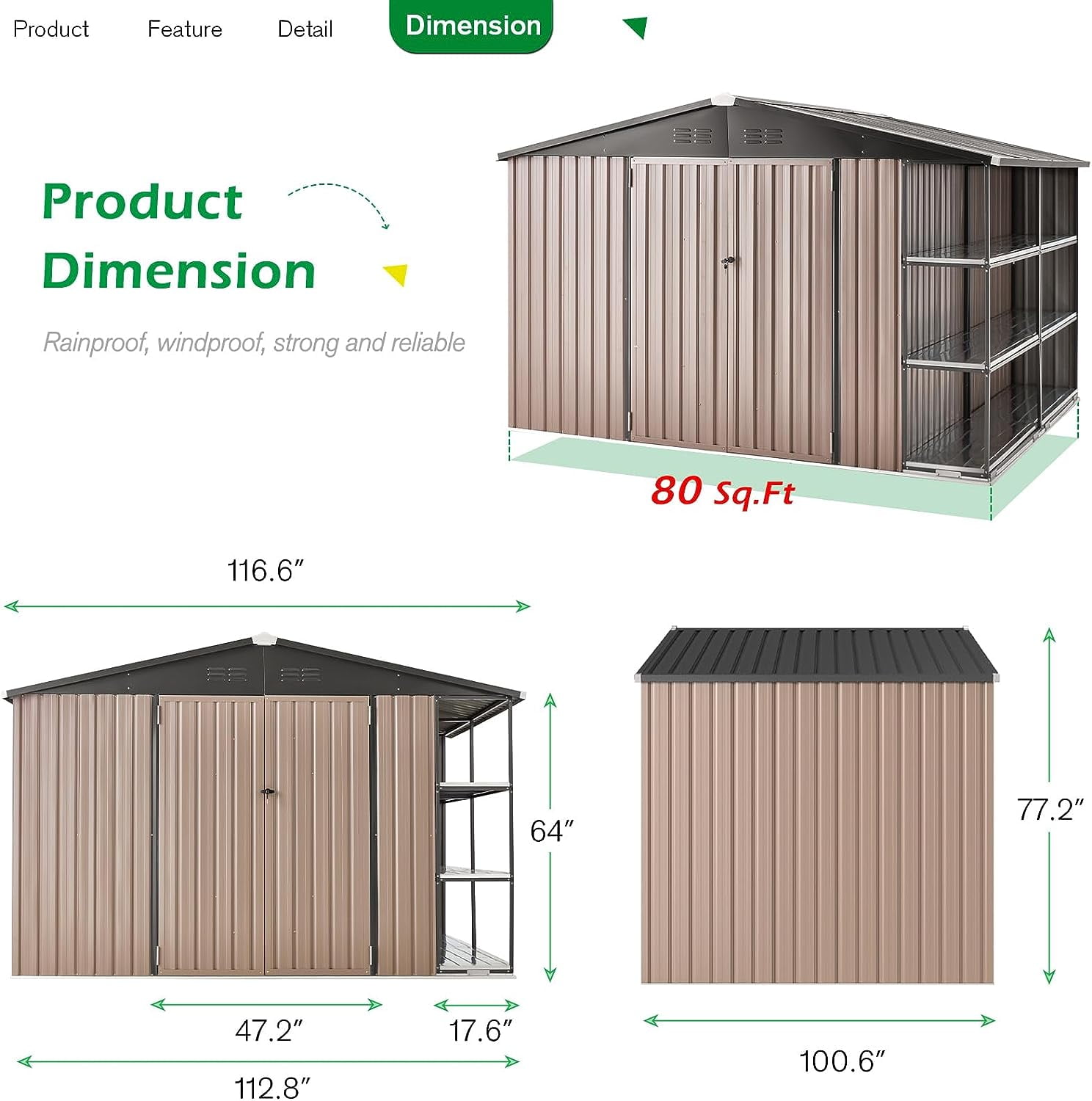 6' x 6' Outdoor Storage Shed with Rack & Shelves Metal Utility Tool Shed for Backyard & Garden-Aldronix