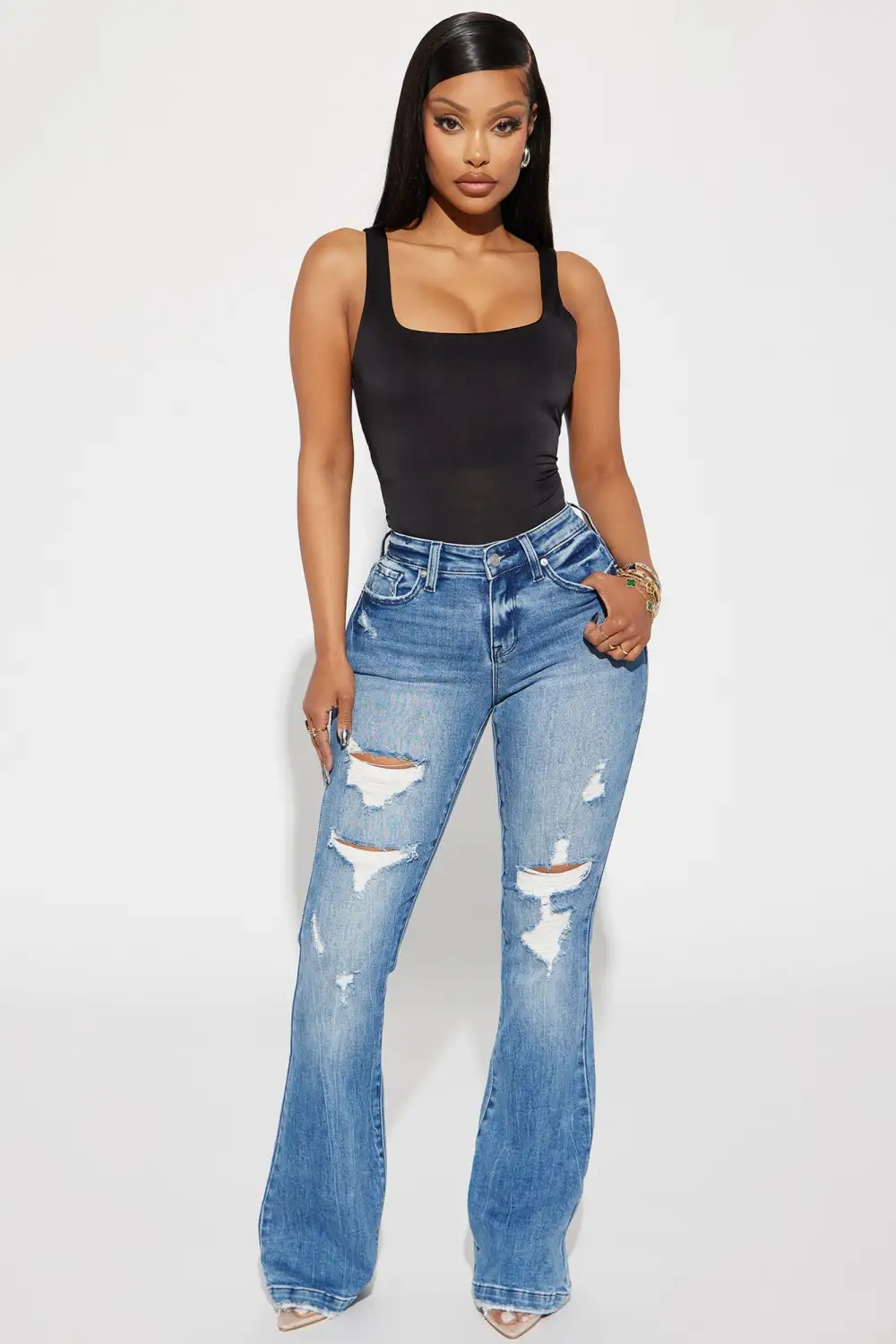 Marley Ripped Compression Flare Jeans - Medium Wash-Aldronix