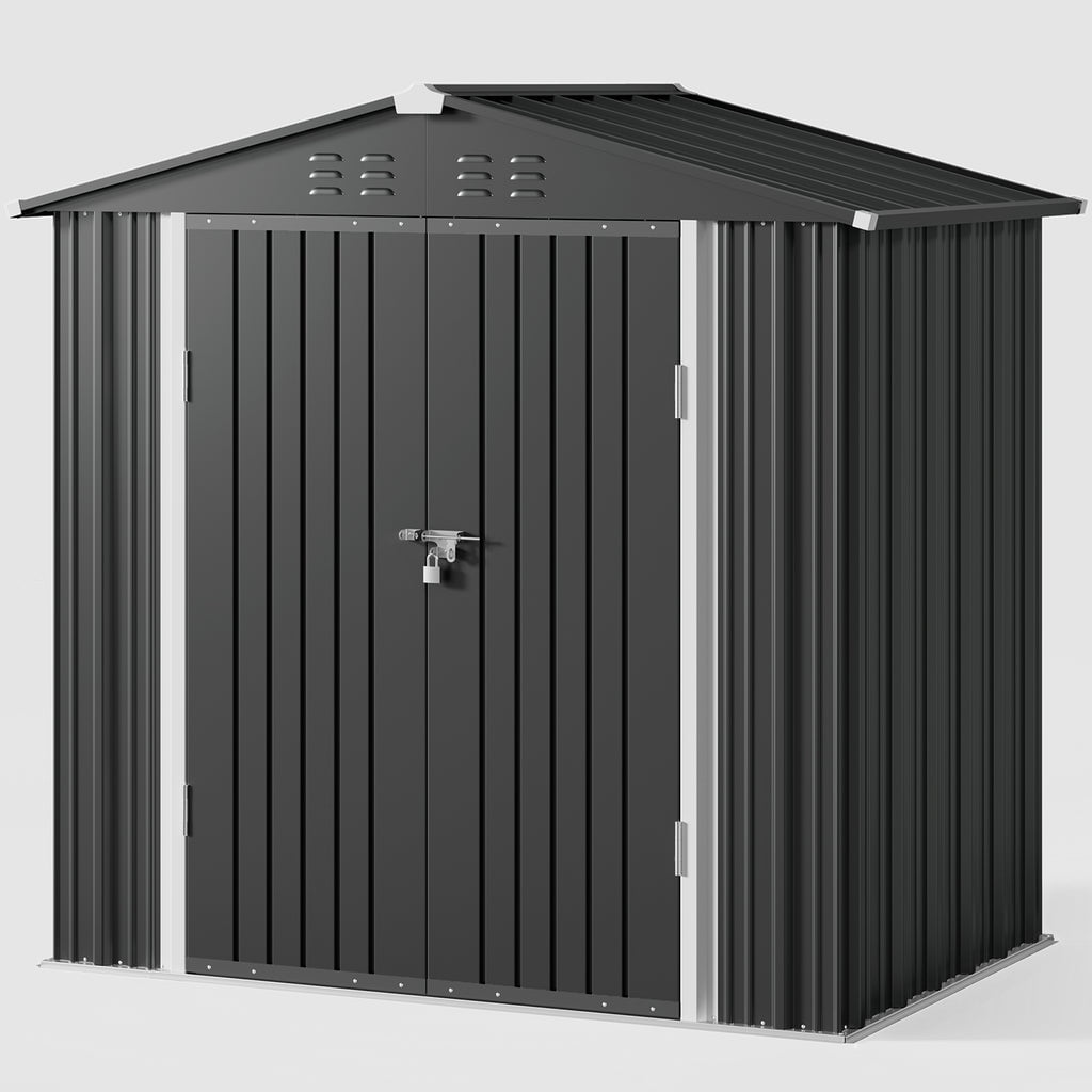 8 x 6 FT Outdoor Storage Shed on Clearance with Metal Base Frame and Double Lockable Doors for Garden, Patio - Gray-Aldronix