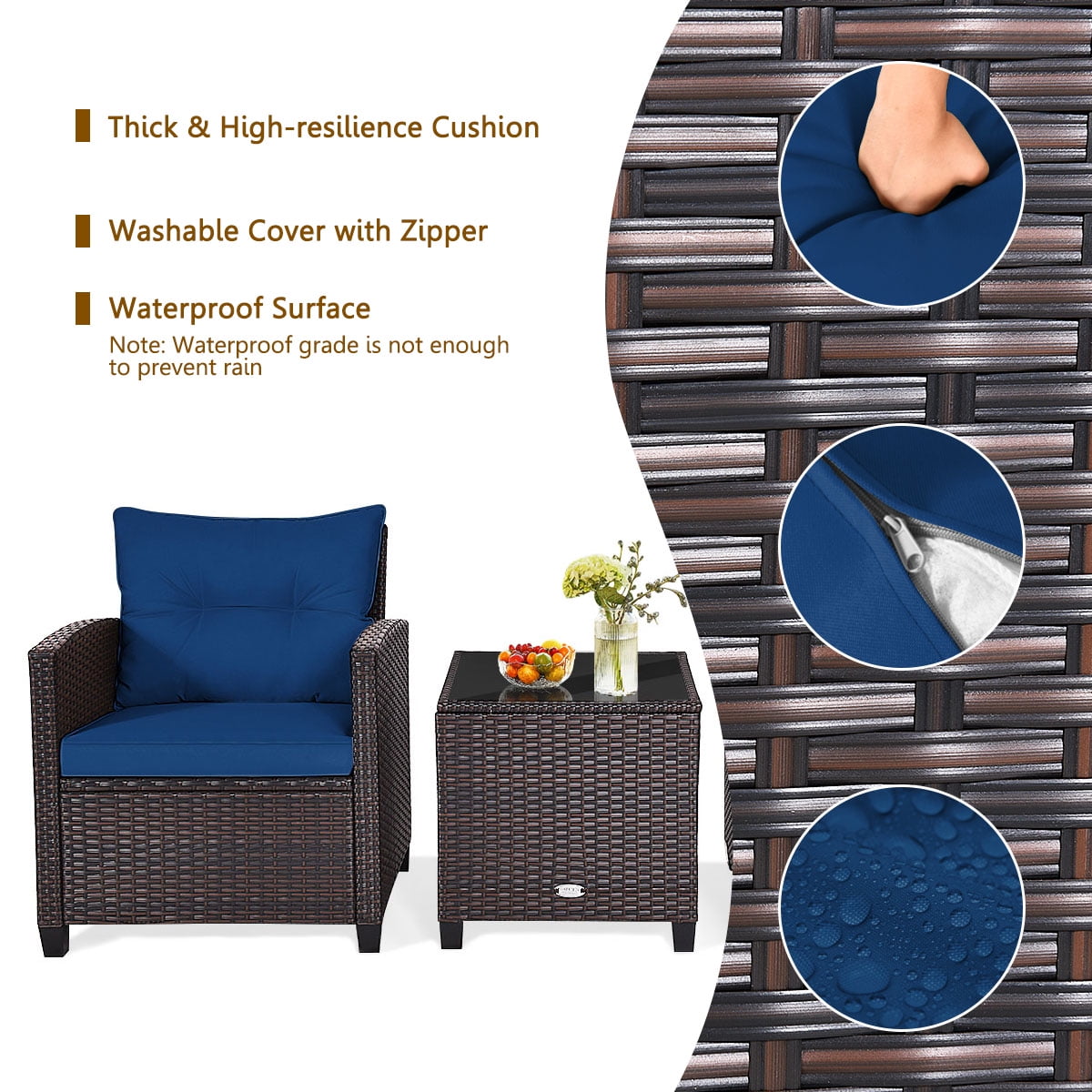 3 Pieces Wicker Cushioned Conversation Set Outdoor Rattan Furniture with Turquoise Cushions-Aldronix
