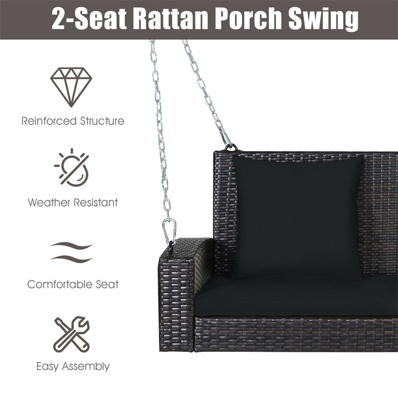 2-Person Outdoor Wicker Hanging Porch Swing Bench with 3 Cushions-Aldronix