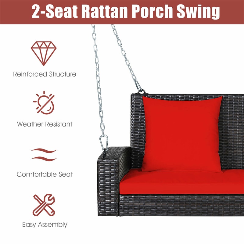 2-Person Outdoor Wicker Hanging Porch Swing Bench with 3 Cushions-Aldronix