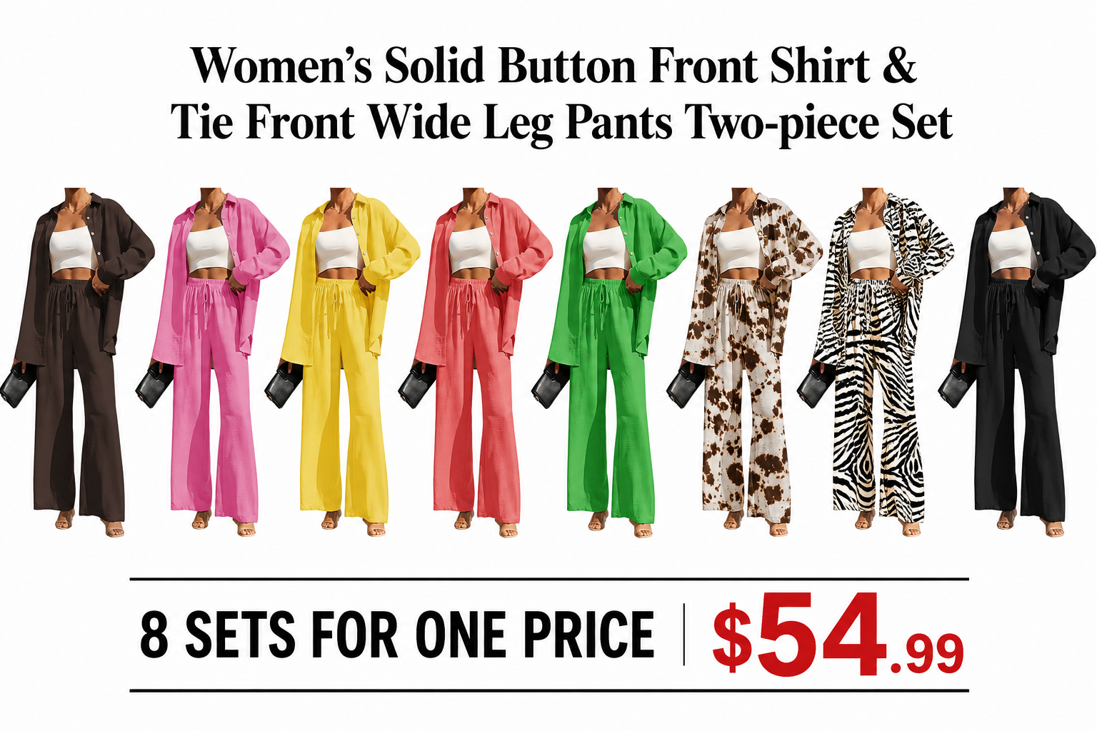 (SALE: 8 Sets➡️$54.99)Women's Solid Button Front Shirt & Tie Front Wide Leg Pants Two-piece Set-Aldronix