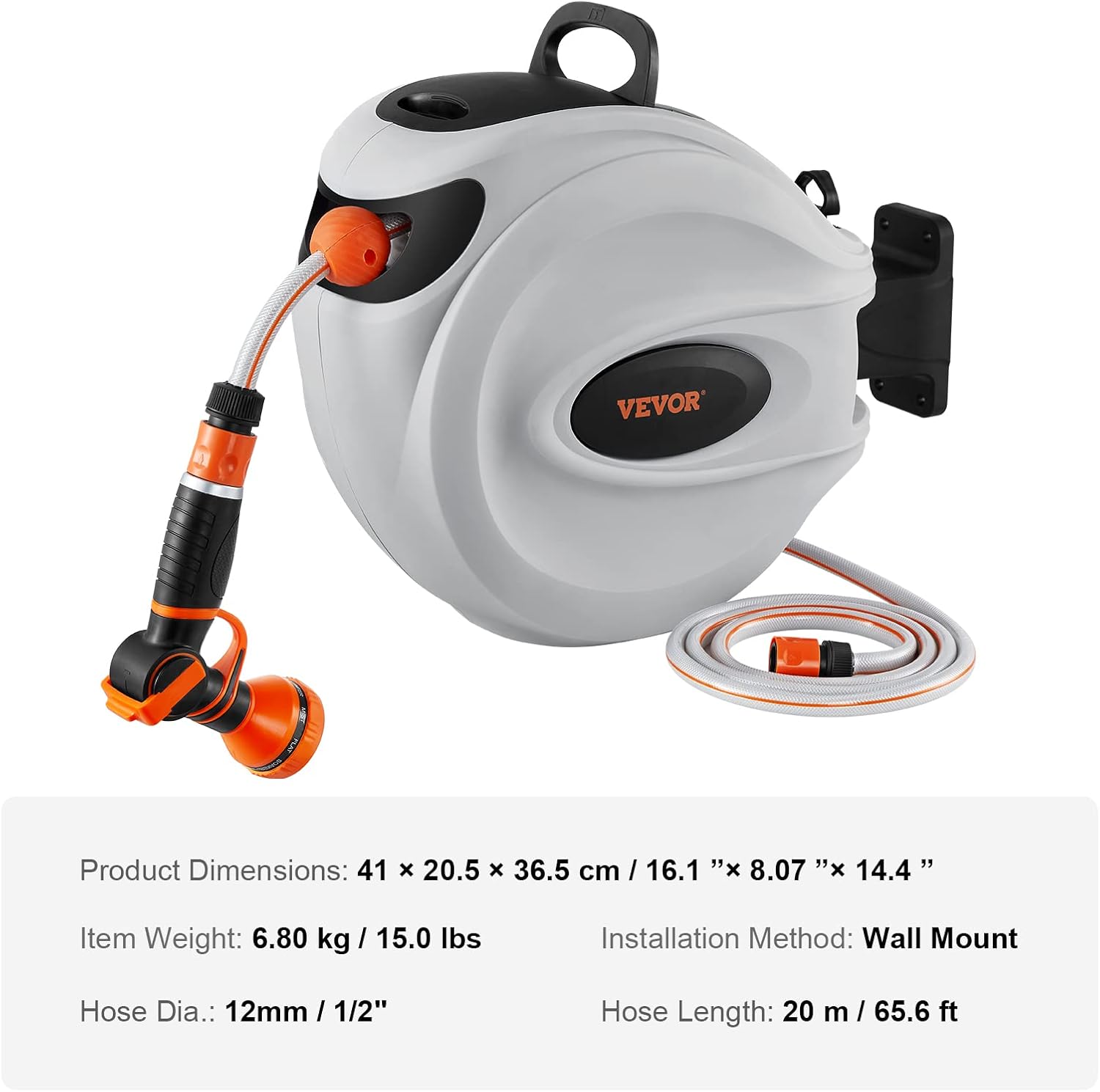 VEVOR Retractable Hose Reel, 65.6 ft x 1/2 inch, 180° Swivel Bracket Wall-Mounted, Garden Water Hose Reel with 9-Pattern Nozzle and 3 Fast Adaptors, Automatic Rewind, Lock at Any Length-Aldronix