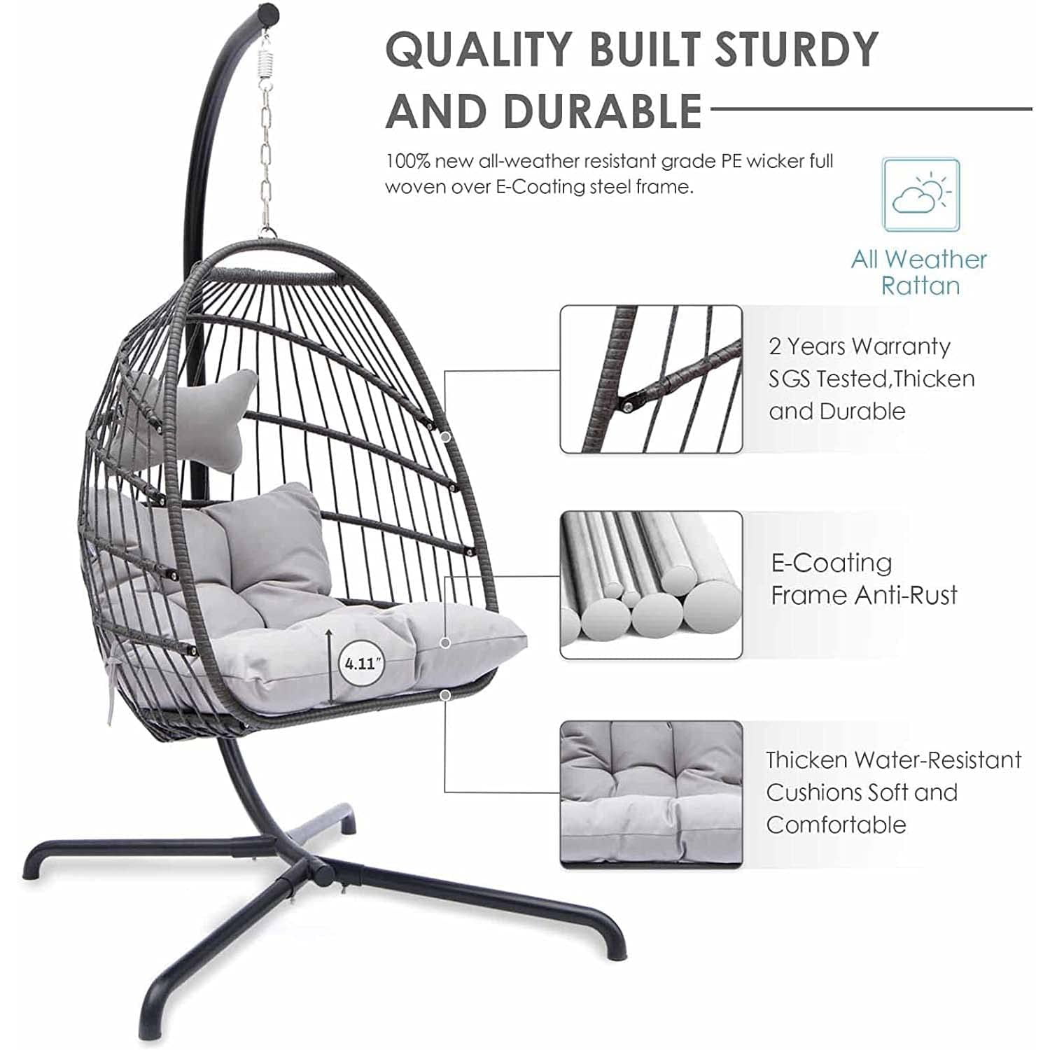 Swing Egg Chair Hanging Chair With Stand Grey Color 350 lbs Maximum Weight Foldable-Aldronix