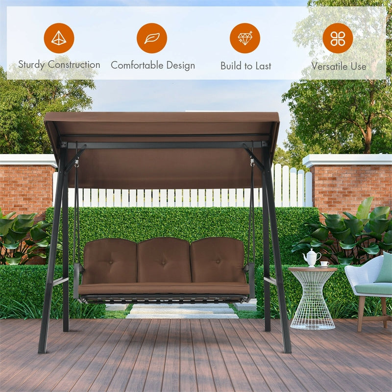 3-Seat Outdoor Porch Swing with Adjustable Tilt Canopy & Removable Cushions-Aldronix