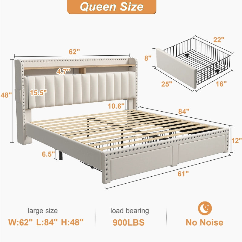 e Upholstered Queen Bed Frame with Storage and Headboard, Heavy Duty Metal Bed Frame with 2 Drawers, Noise-Free, White-Aldronix