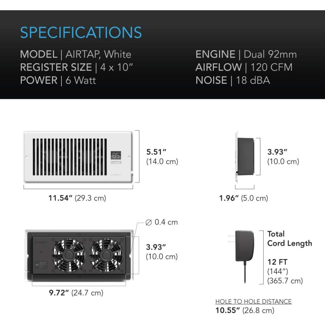 Register Booster Fan for 4” x 10” Register Holes, Improves Heating & Cooling Vents-Aldronix