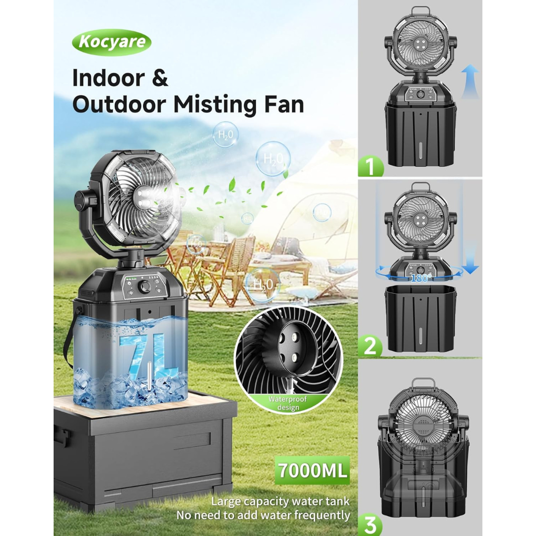 Misting fan with 7L bucket 90°Oscillating - 4 Spray Mister 25000mAh Rechargeable fan-Aldronix
