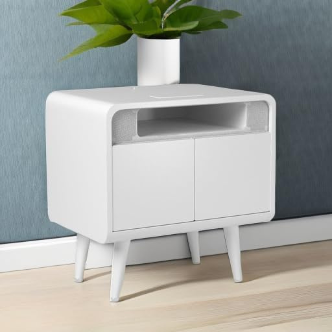 Smart Side/Nightstand Table - with Cooling Drawer, Wireless Charging, Bluetooth Speakers, USB-C and 120V outlets, LED Light-Aldronix