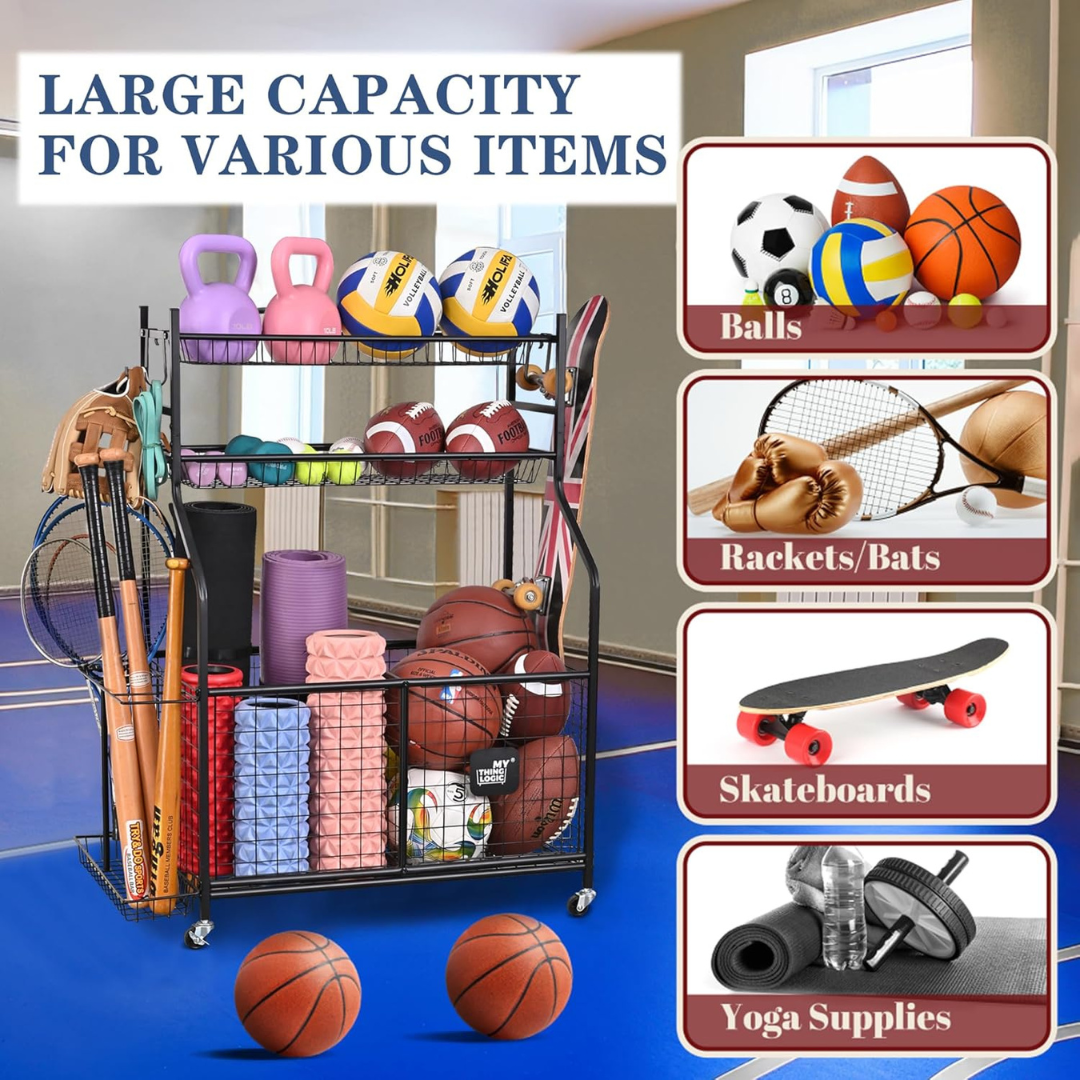 Sports Equipment Garage Organizer -  Cart with Wheels for Indoor/Outdoor-Aldronix