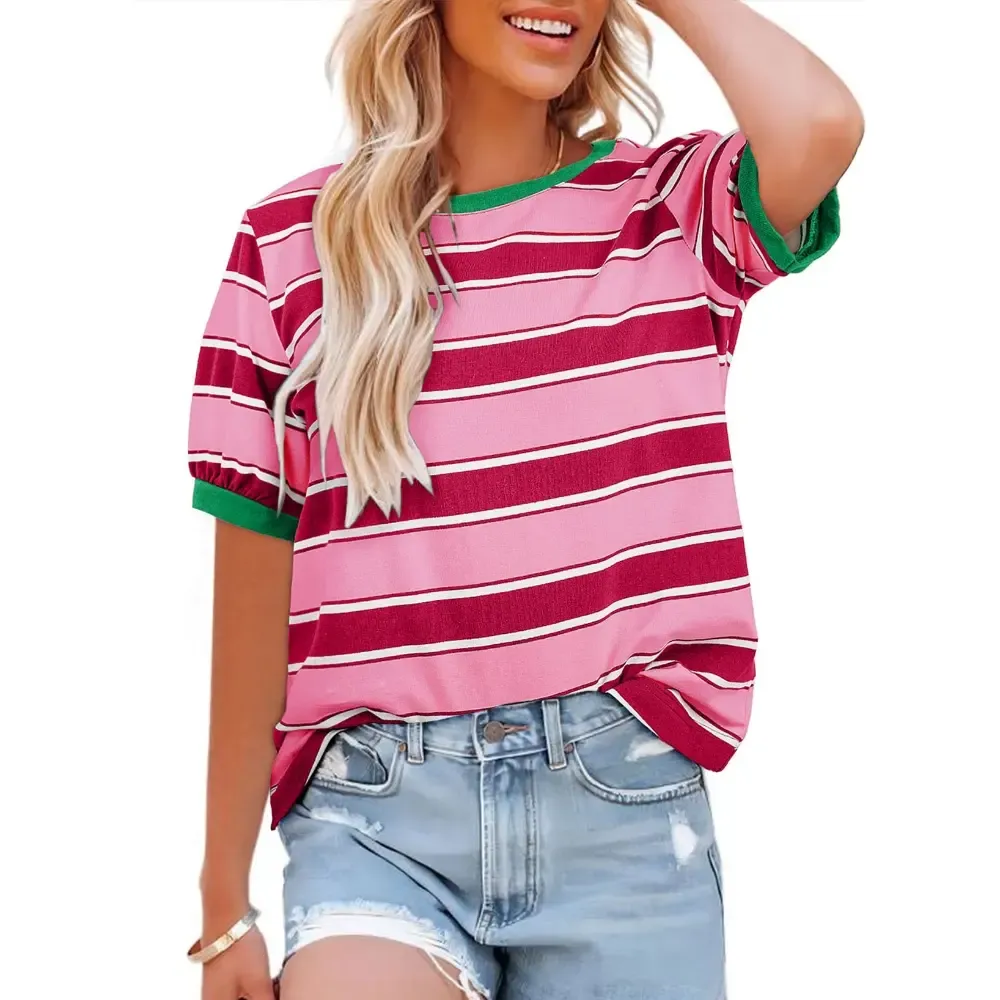 Women's Striped Color Block Short Sleeve T-Shirts - 95% Cotton + 5% Elastane Breathable Lightweight Soft Durable-Aldronix