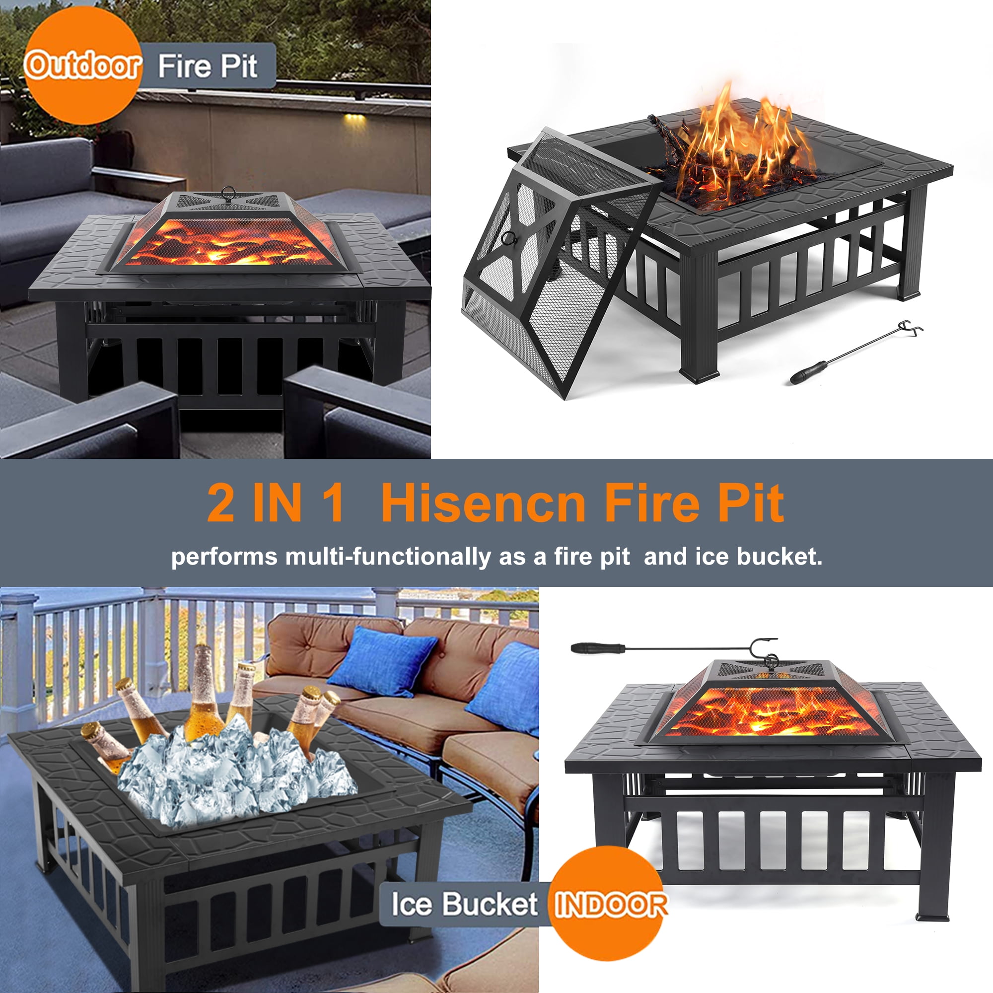 Outdoor Fire Pit, 32" Square Metal Fire Pit Table with Spark Screen & Log Poker, Stove Wood Burning Fire Pit Bowl, Ideal for Yard Patio Beach Picnic Bonfire-Aldronix