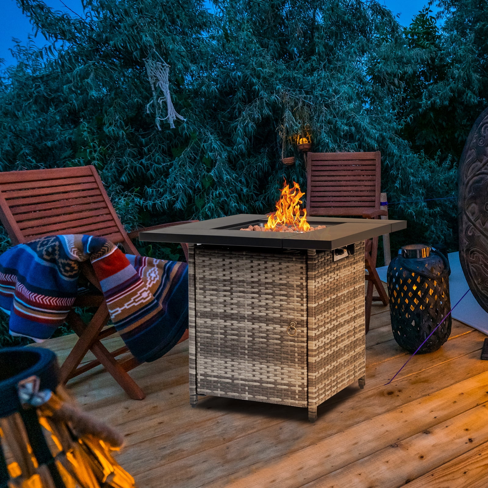 Square Propane Fire Pit Table, Outdoor Gas Fire Pit Table with Lava Rocks and Lid, Gas Heater for Bonfire Patio Garden Backyard, 28-Inch 50,000 BTU Auto-Ignition Fire Table, CSA Certification-Aldronix