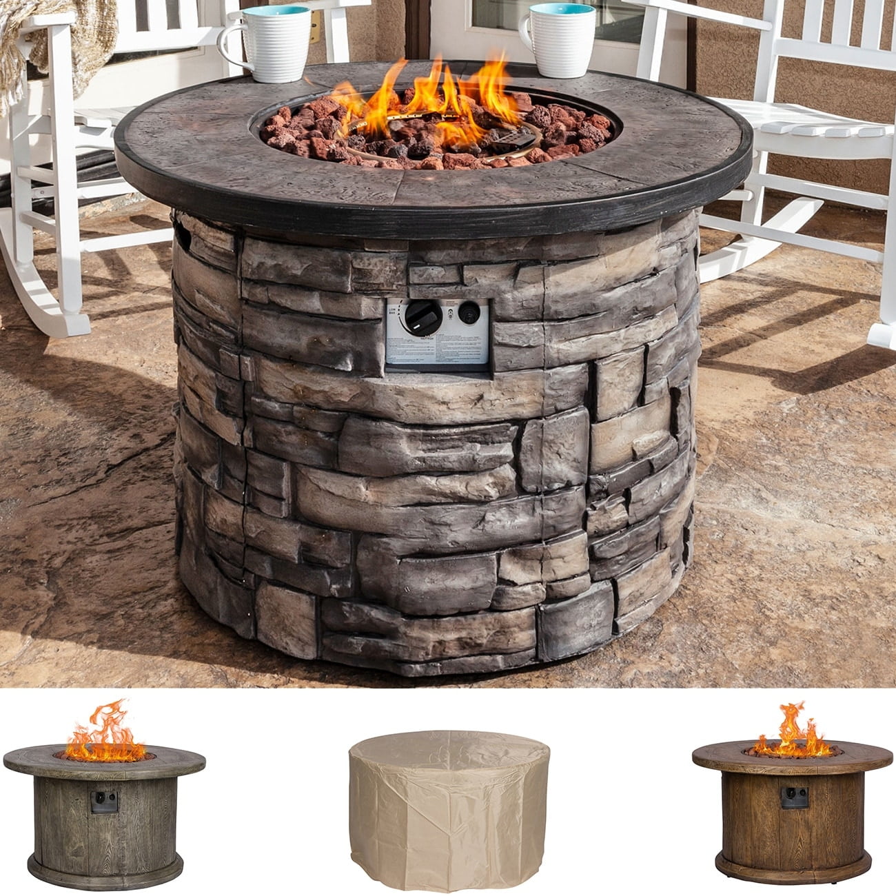 35 in. Round Outdoor Fire Pit Table - Stone-Aldronix